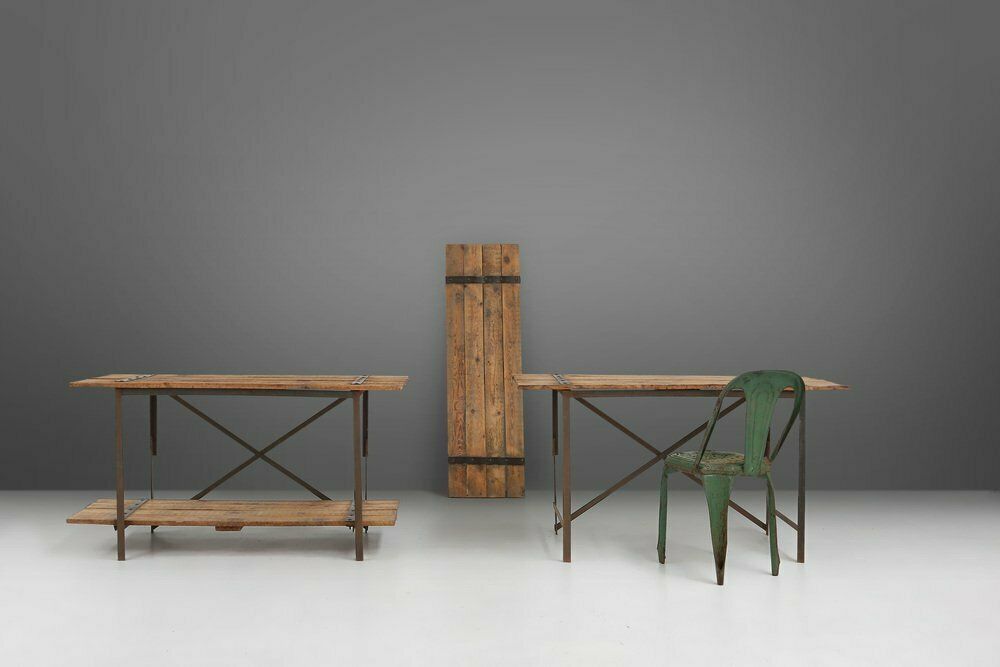 1022.0 Industrial Side Table With Metal Frame And Wooden Top And Removable Platform, Belgium, 1920s photo