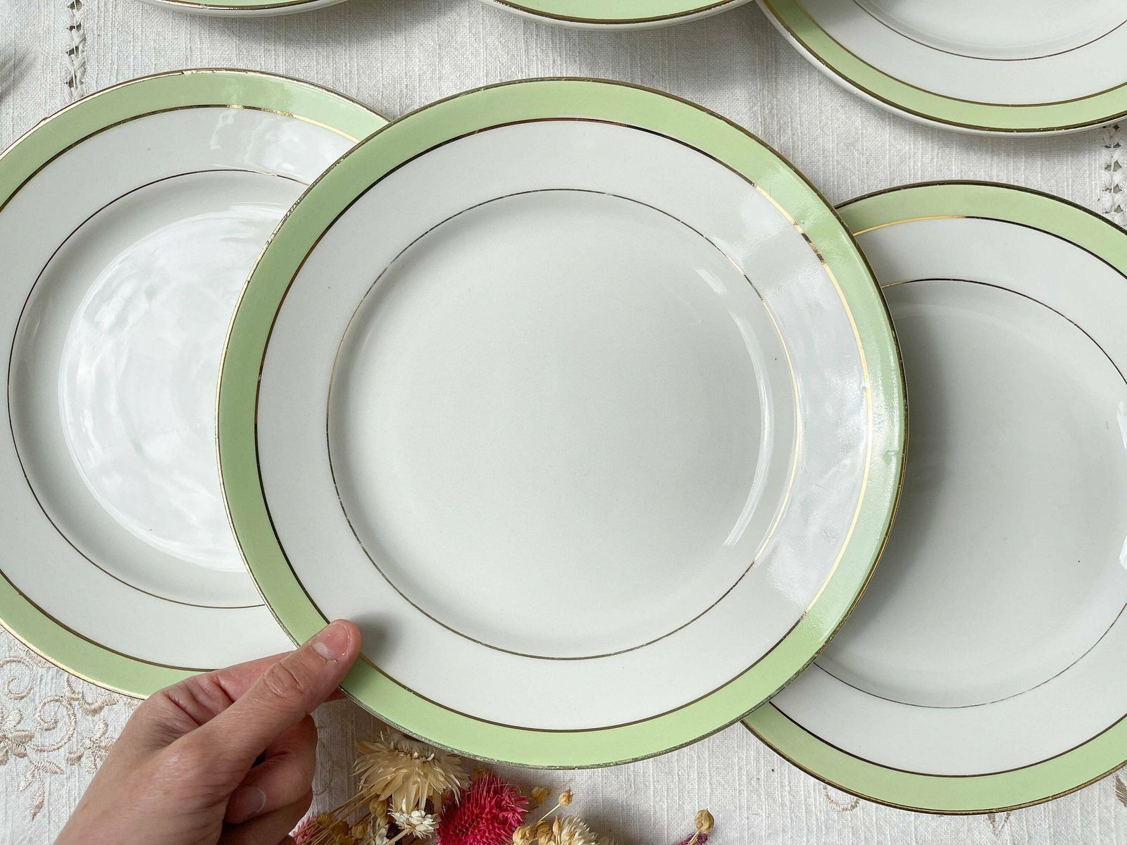 6 Vintage French Flat Plates Orchies "Villars" 1950 White Green Gold   French Flat Plates   Vintage French Tableware photo for sale