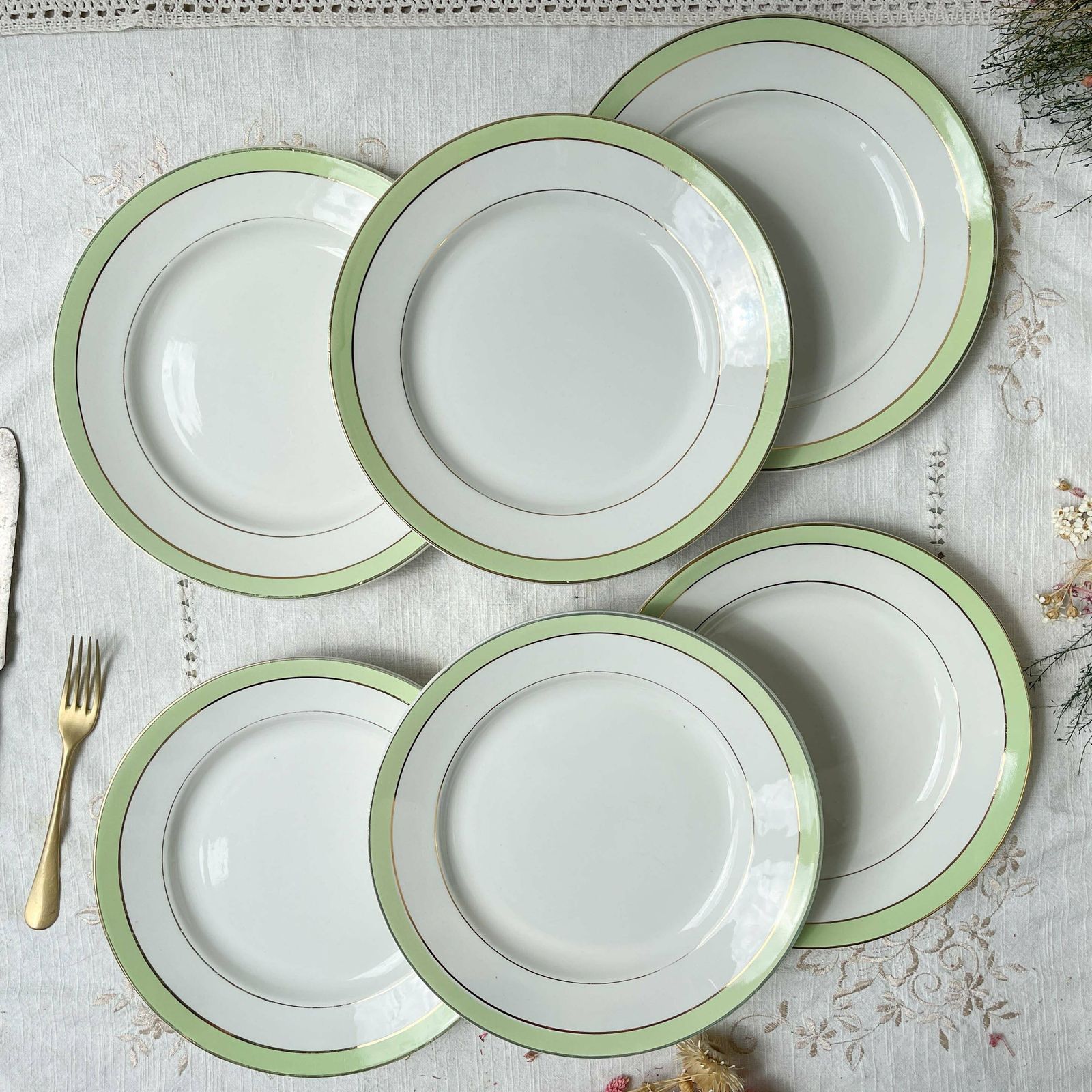 6 Vintage French Flat Plates Orchies "Villars" 1950 White Green Gold   French Flat Plates   Vintage French Tableware photo 76.0