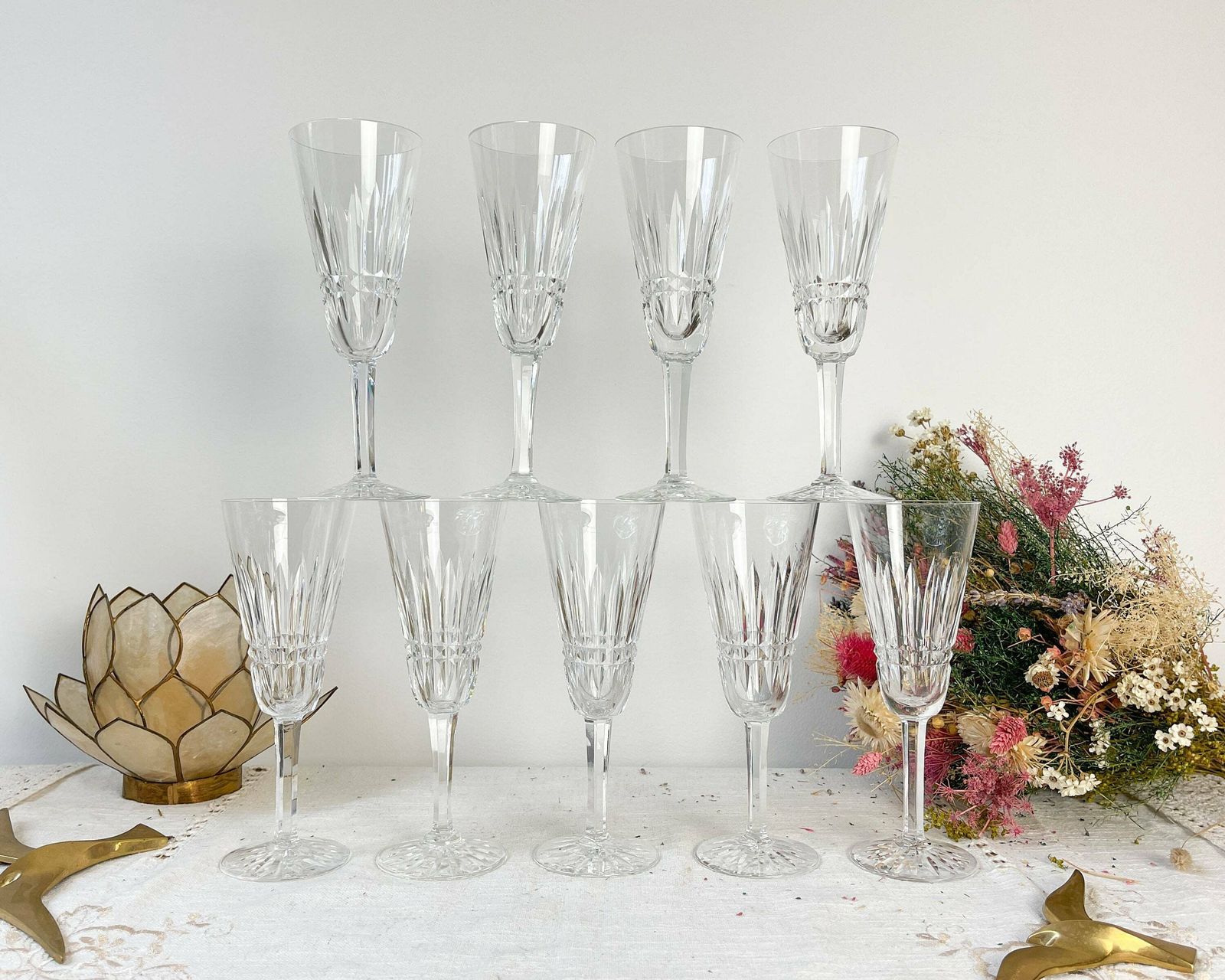 9 French Chiseled Crystal Flutes   Crystal Stemmed Glasses   Vintage Champagne Glasses   Crystal Glasses   20th Century