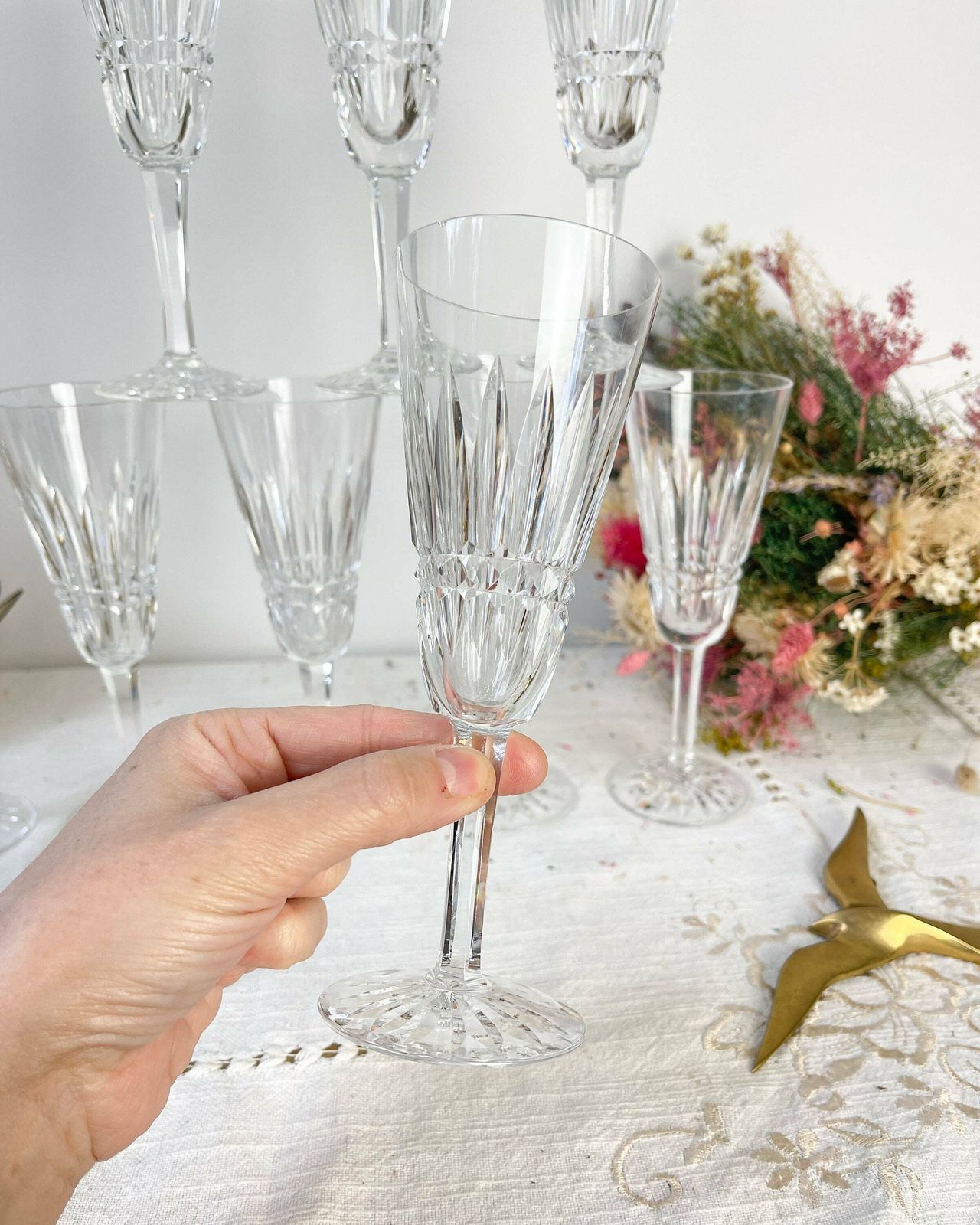 9 French Chiseled Crystal Flutes   Crystal Stemmed Glasses   Vintage Champagne Glasses   Crystal Glasses   20th Century photo 88.0