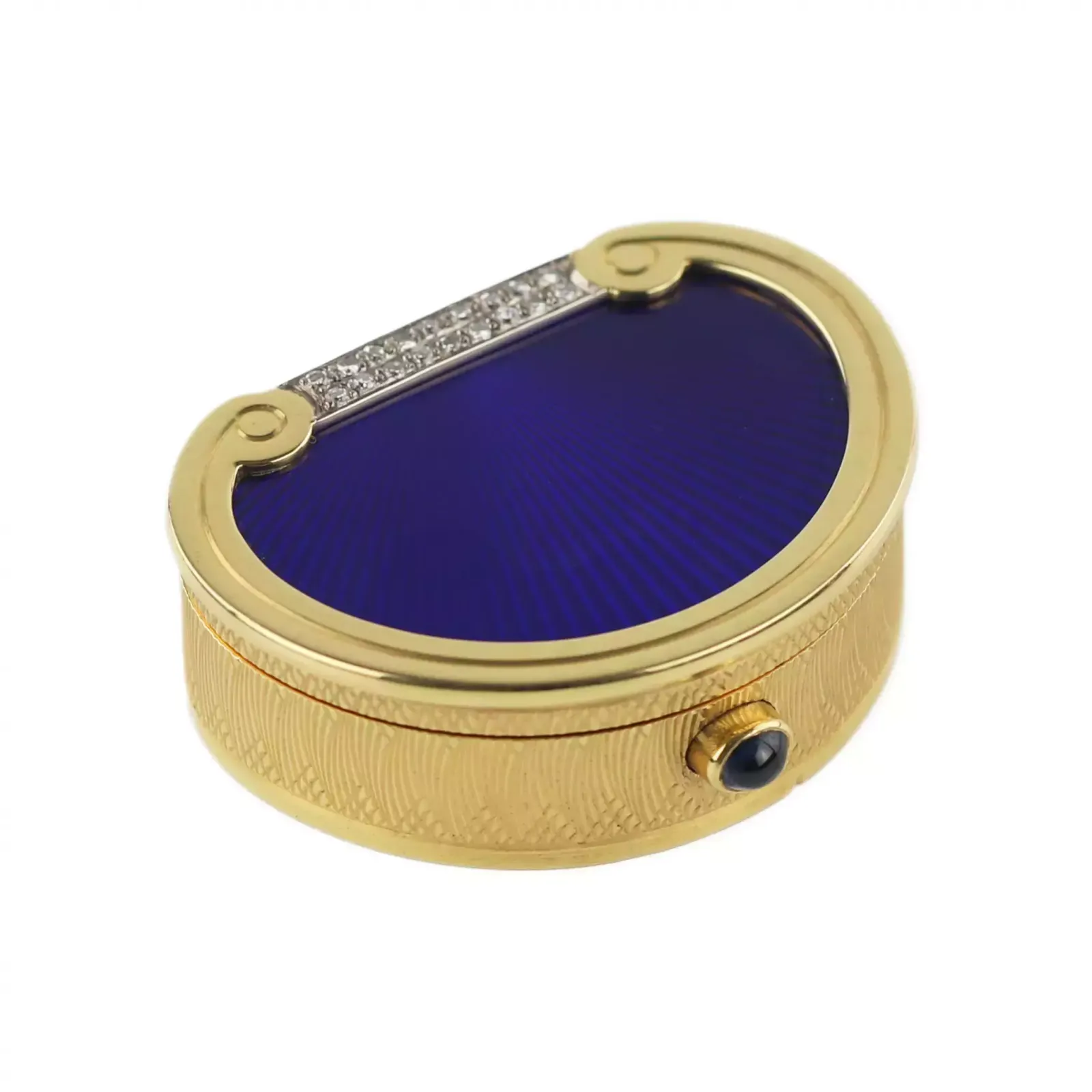 19th Century English Gold Pill Box With Diamonds And Guilloché Enamel.