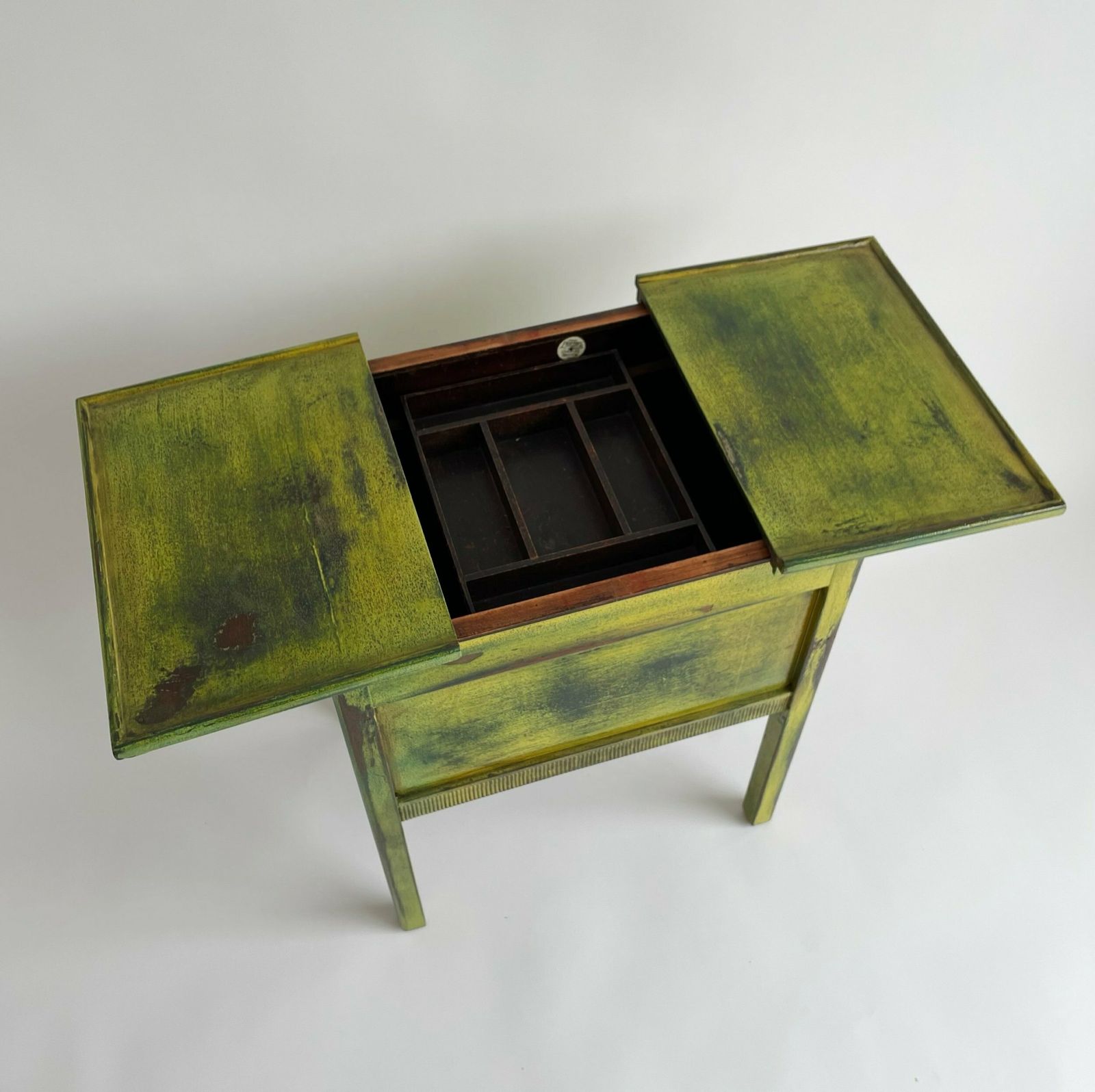 Furniture Reworked Antique Sewing Box Side Table With Vibrant Lacquered Finish And Gold Hardware photo