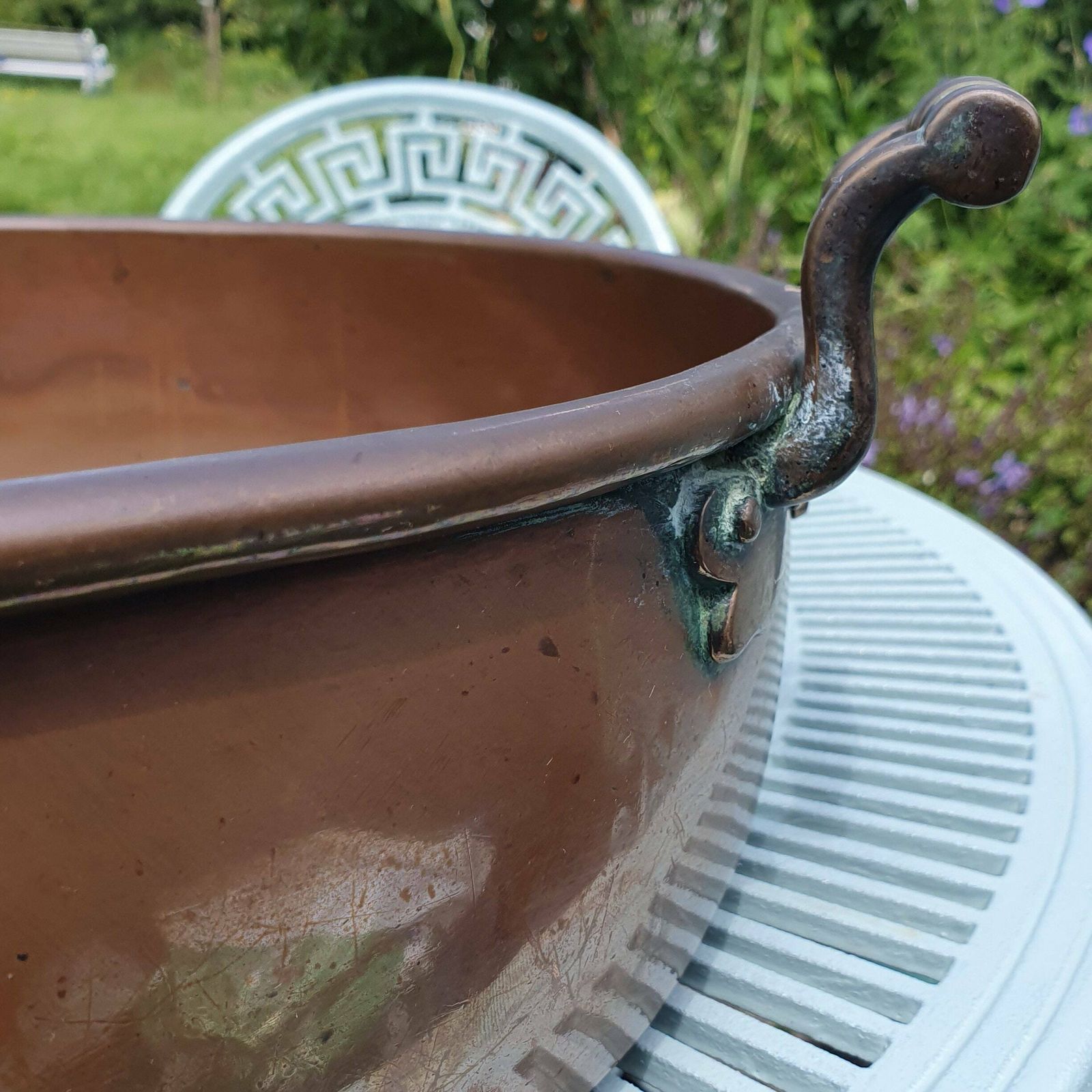A Magnificent 17 Inch (43cm) Antique Roll Top Copper Jam Pan   Decorative Piece, Kitchen Storage, Planter, Drinks Tidy, Early 20th Century photo buy