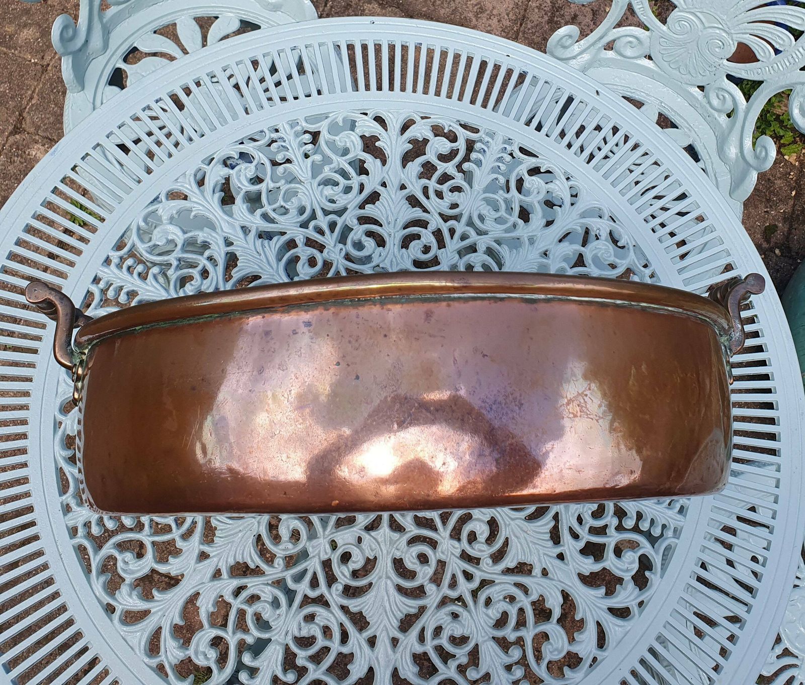 photo furniture A Magnificent 17 Inch (43cm) Antique Roll Top Copper Jam Pan   Decorative Piece, Kitchen Storage, Planter, Drinks Tidy, Early 20th Century