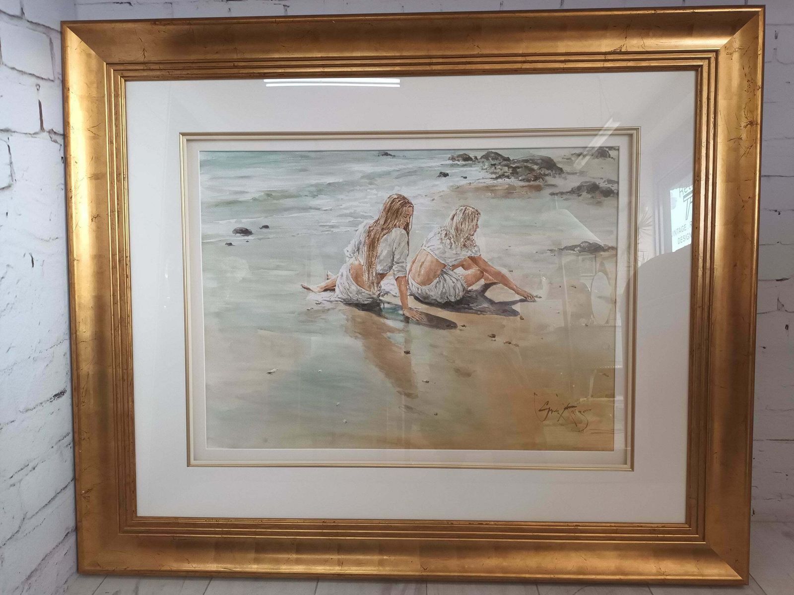 Vintage Gordon King Original Watercolour Framed Painting Beach XX Large 116cm