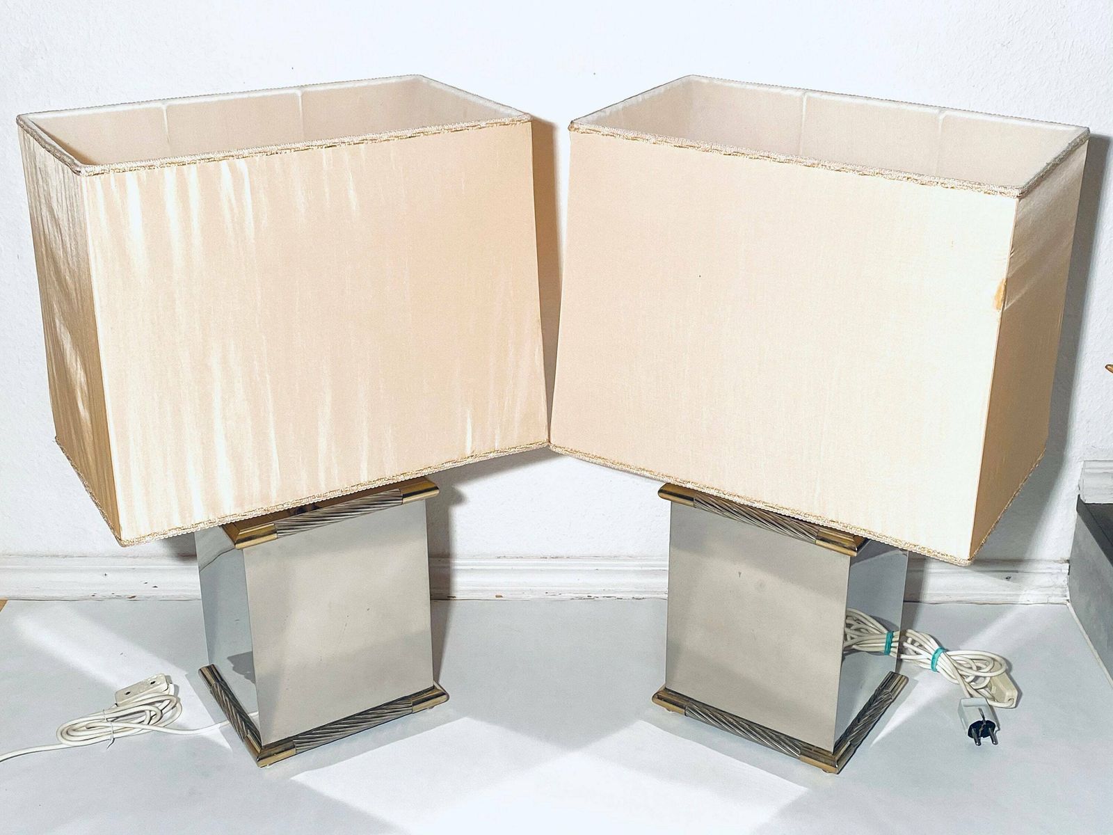 Two Tommaso Barbi Bicolor Table Lamps Silver & Gold / Vintage Italy 1970s