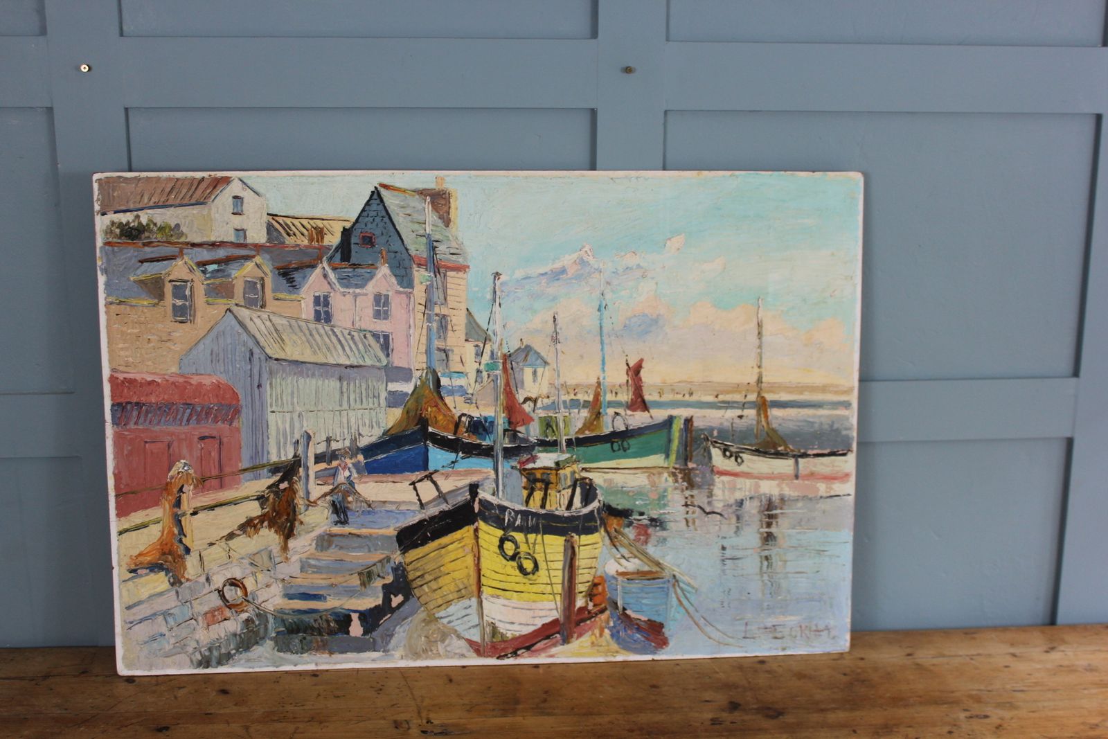 “Original 1950s French Riviera Oil Painting – Midcentury Coastal Scene photo furniture