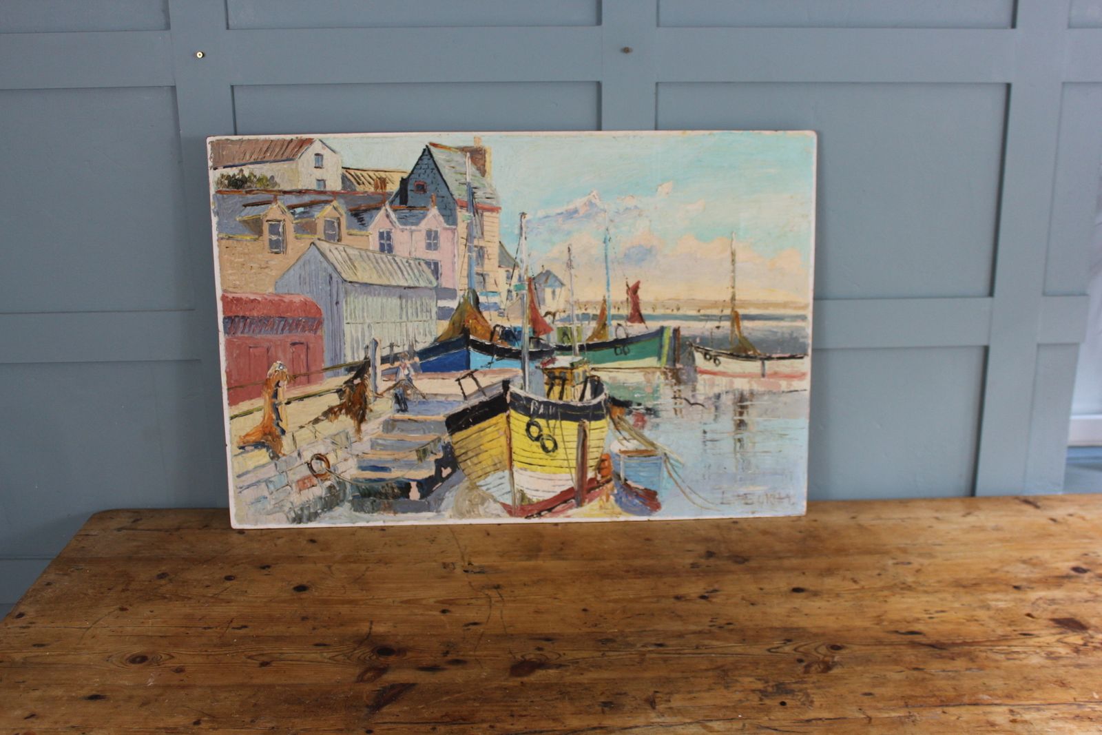 “Original 1950s French Riviera Oil Painting – Midcentury Coastal Scene photo for sale