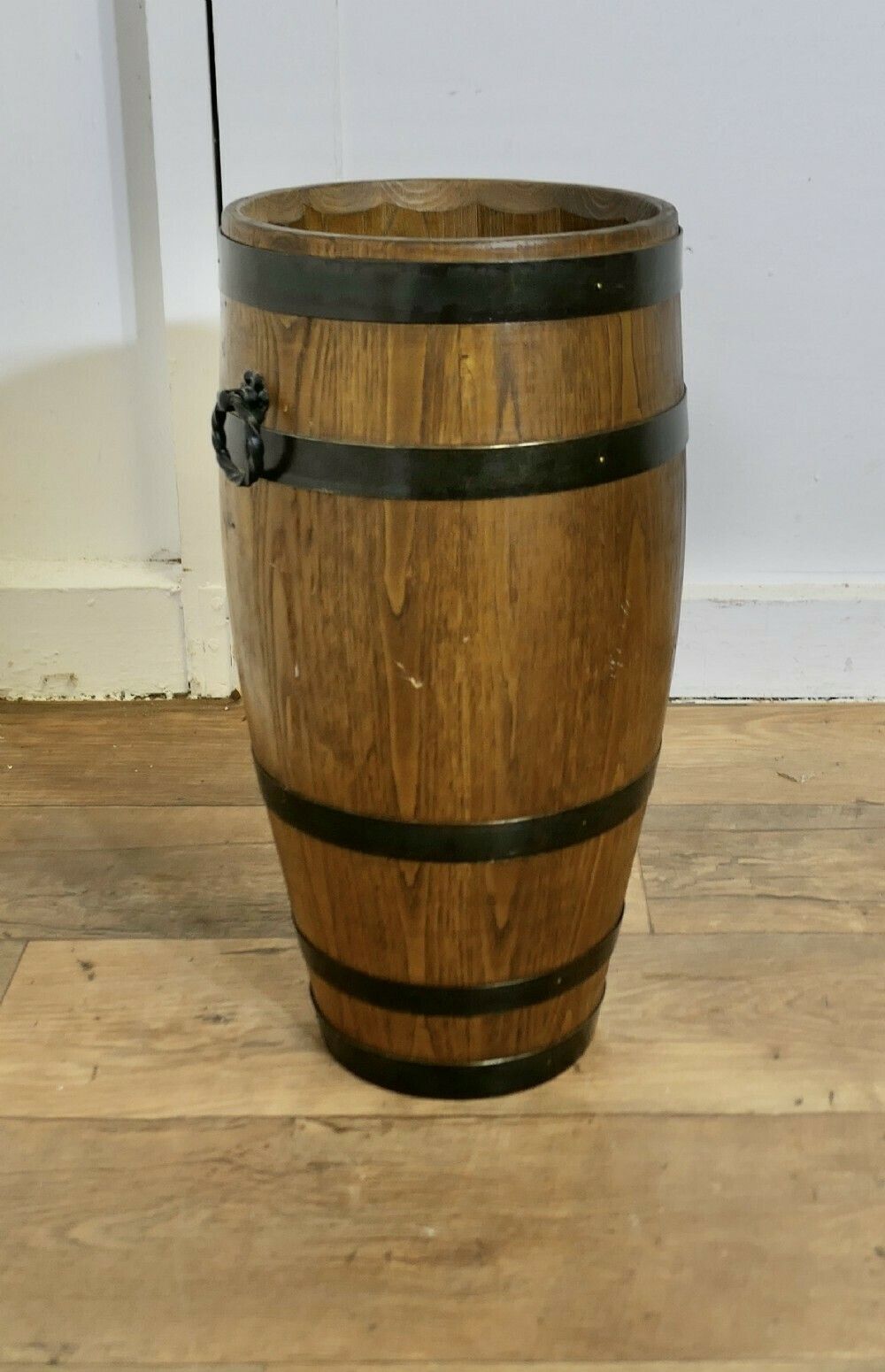 A Large Golden Oak Iron Bound Barrel Stick Stand photo furniture