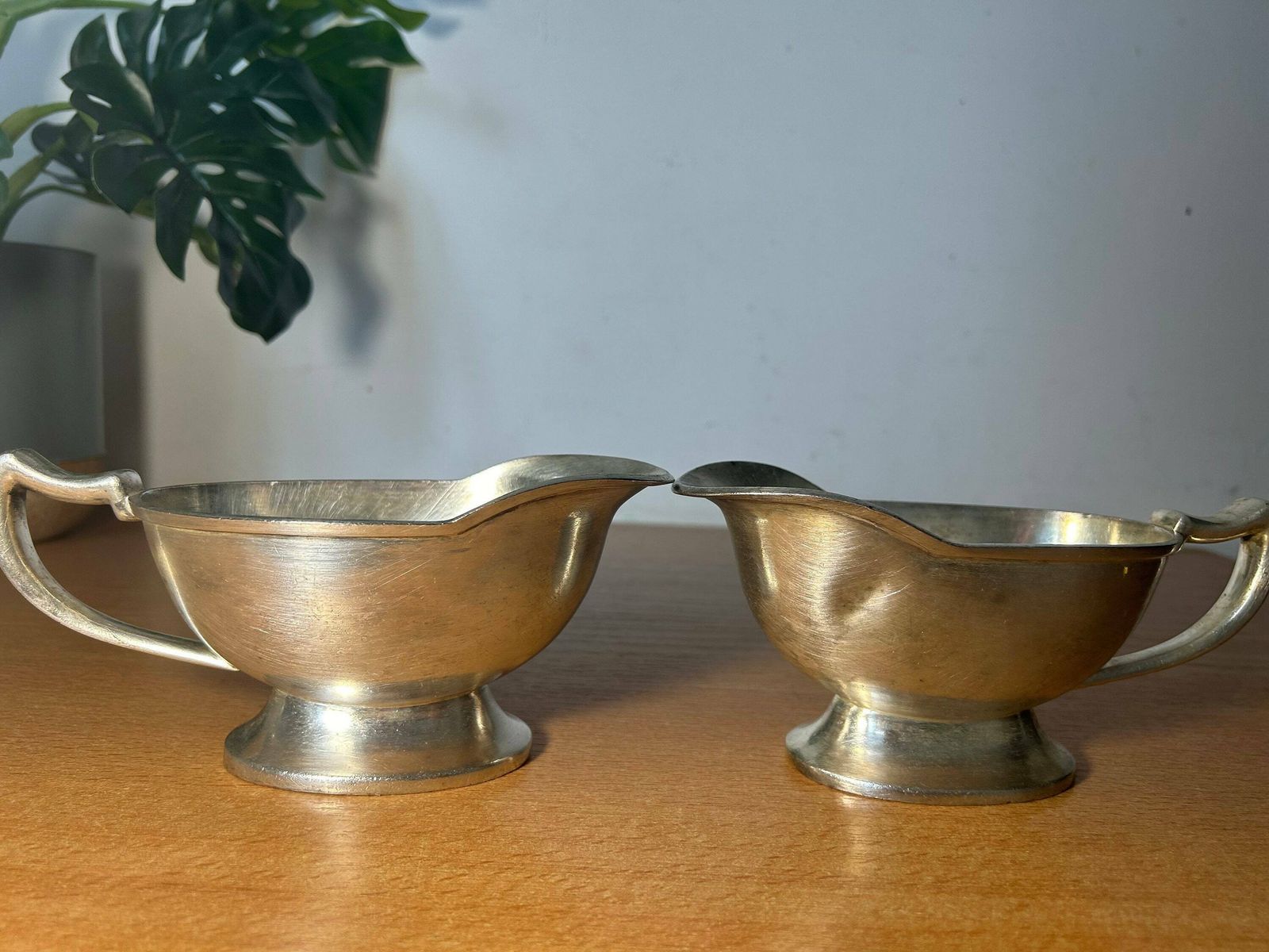 Antique German Sternegg Schaffhausen Gebruder Hepp Exclusiv Silver Plated Creamer Gravy Boat / Set Of 2 photo for sale
