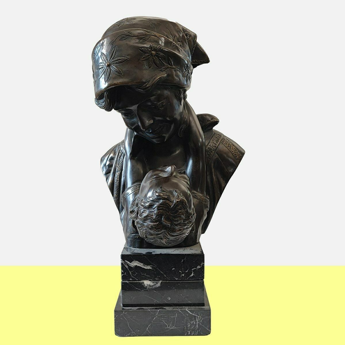 Bronze Sculpture, Anonymous Artist Maternita" Woman With Child With Marble Base