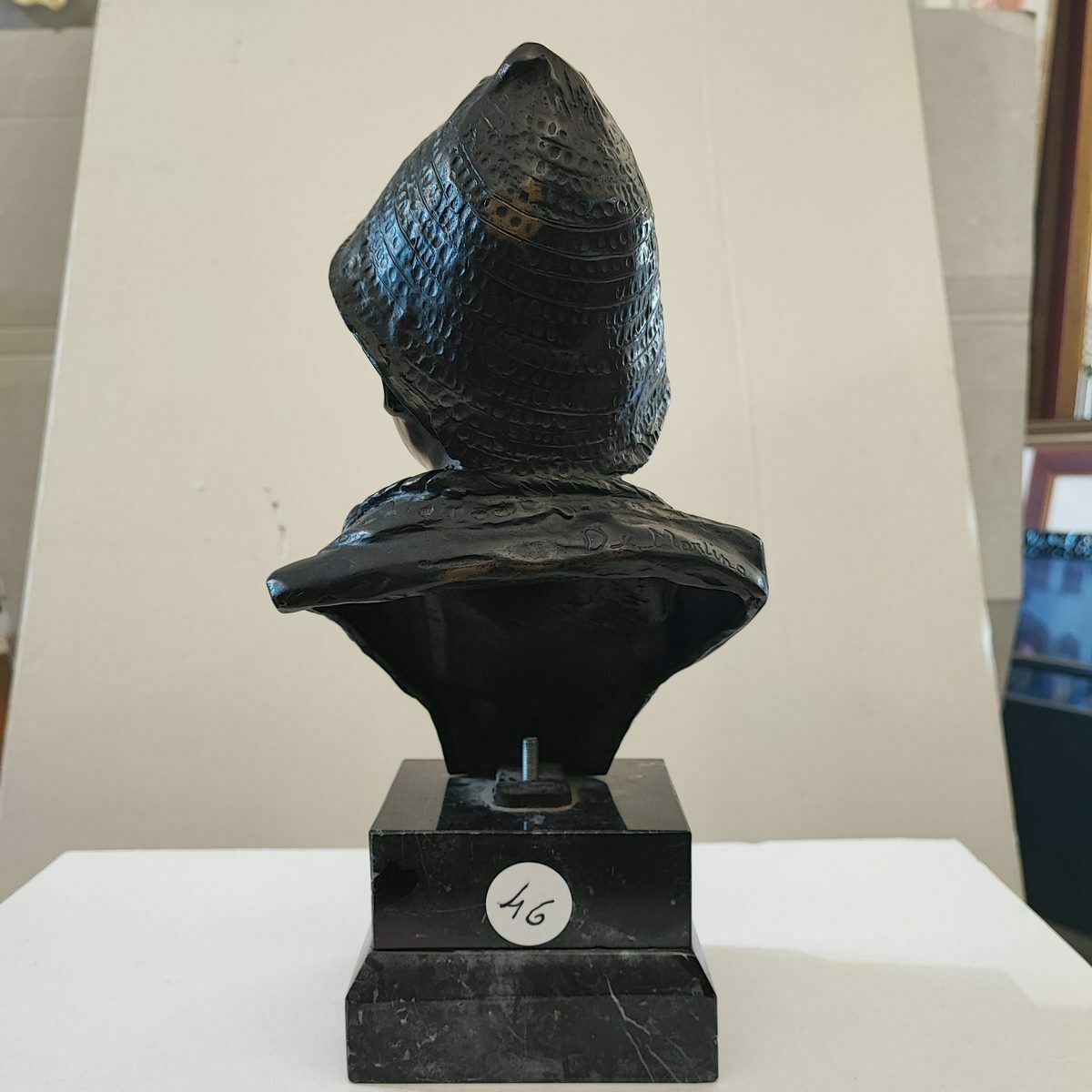 Bronze Sculpture By Giovanni De Martino, Boy With Hat And Chain With Crucifix photo vintage