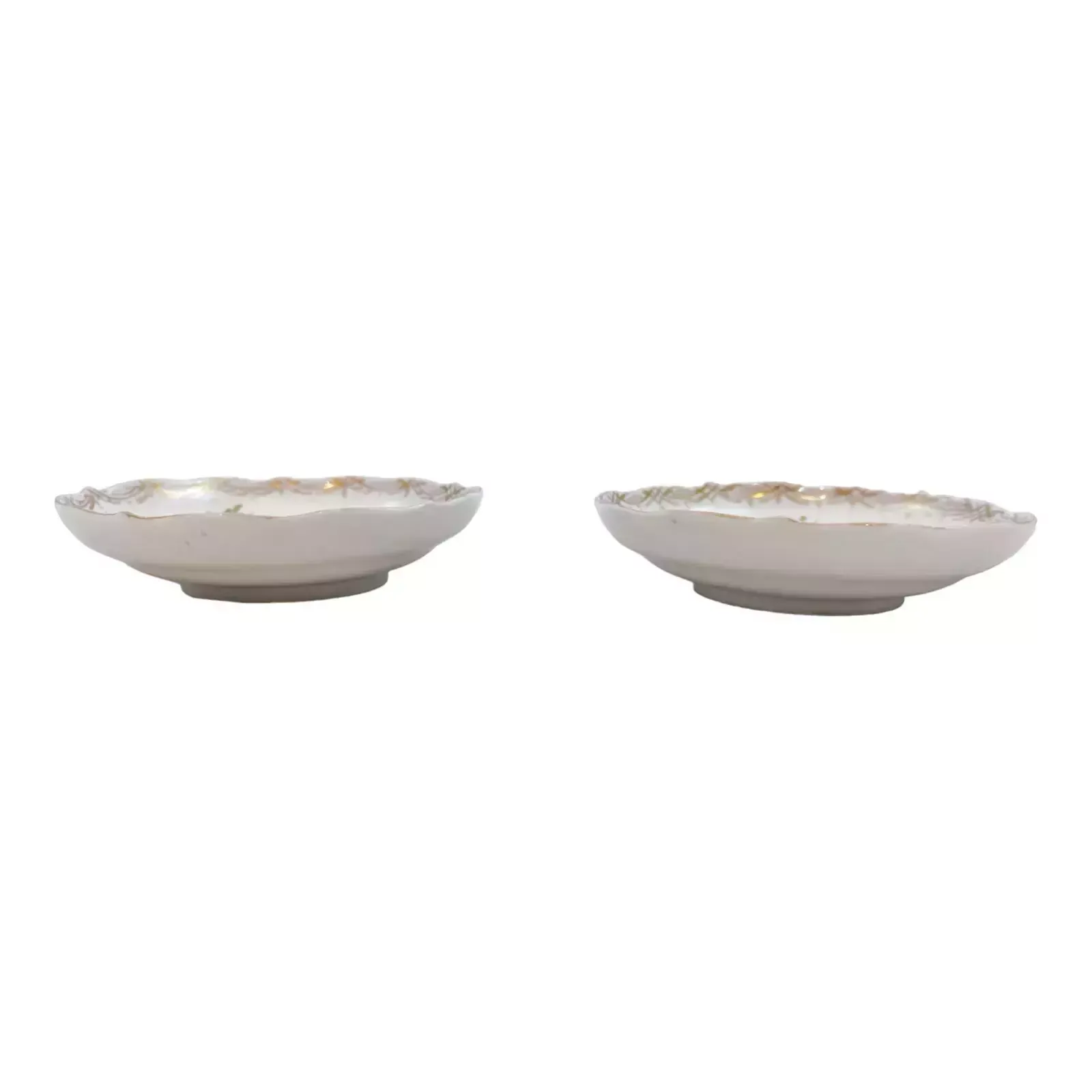Antique 19th Century Meissen Porcelain Pair Small Floral Bowls, Gilt Scallop Rim photo furniture