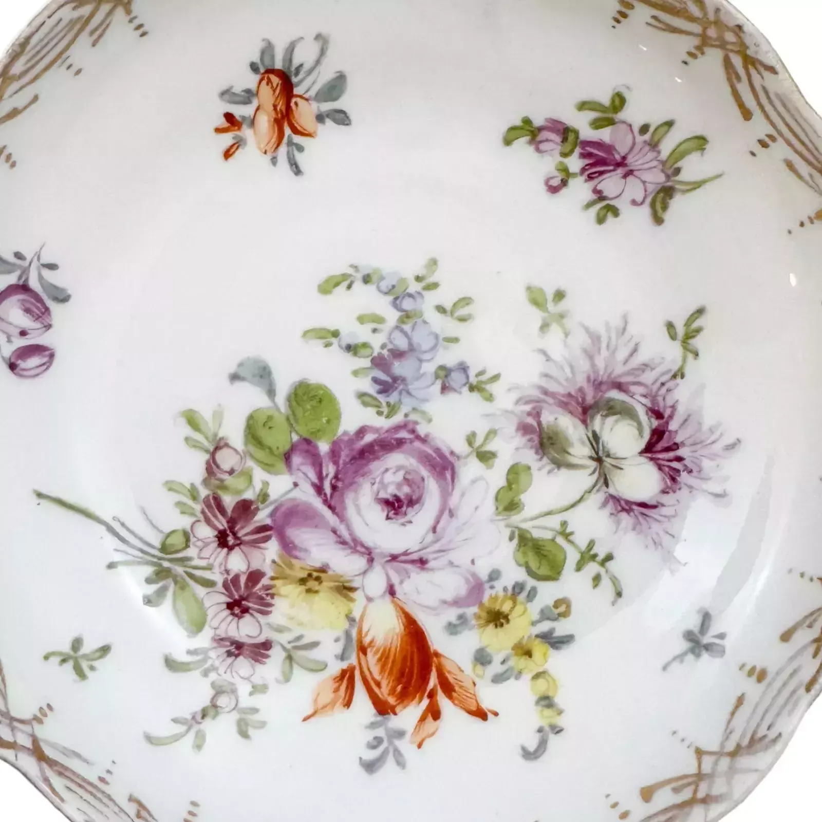 photo for sale Antique 19th Century Meissen Porcelain Pair Small Floral Bowls, Gilt Scallop Rim