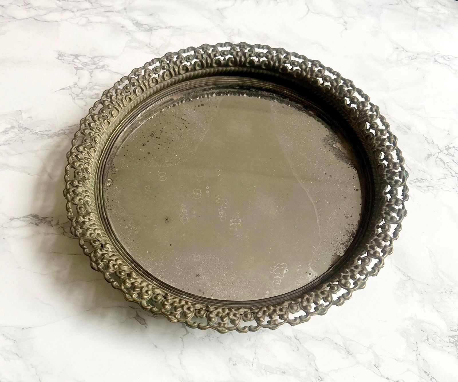 Round Antique Mirror Table Center Piece French Embossed Bronze Lace Tray Circular Footed Mercury Patina Platter Chateau Ormolu