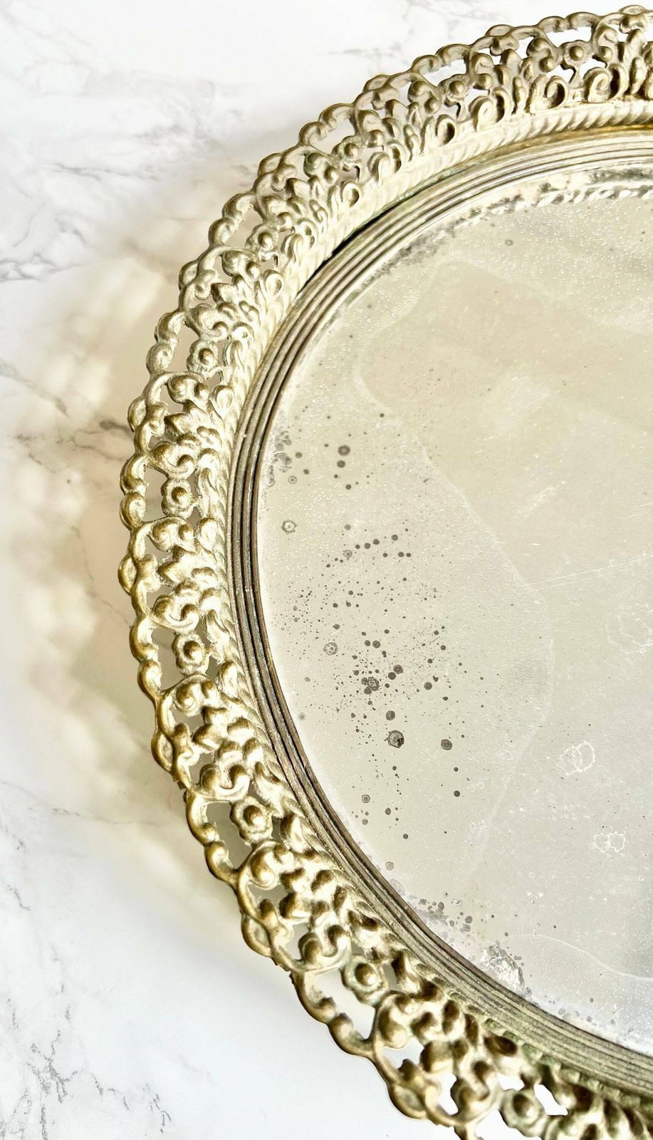 Round Antique Mirror Table Center Piece French Embossed Bronze Lace Tray Circular Footed Mercury Patina Platter Chateau Ormolu photo for sale