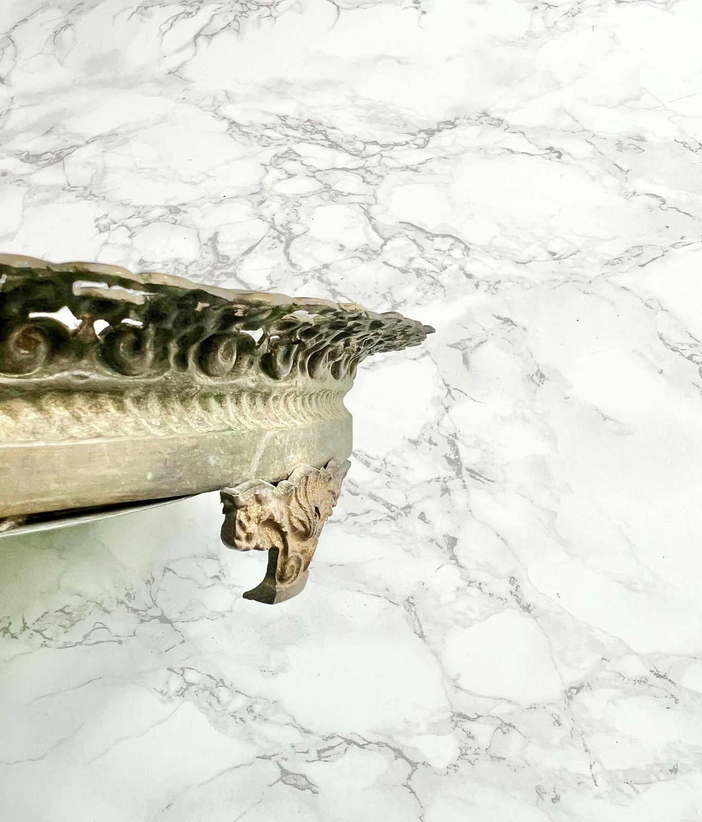 Round Antique Mirror Table Center Piece French Embossed Bronze Lace Tray Circular Footed Mercury Patina Platter Chateau Ormolu photo 150.0