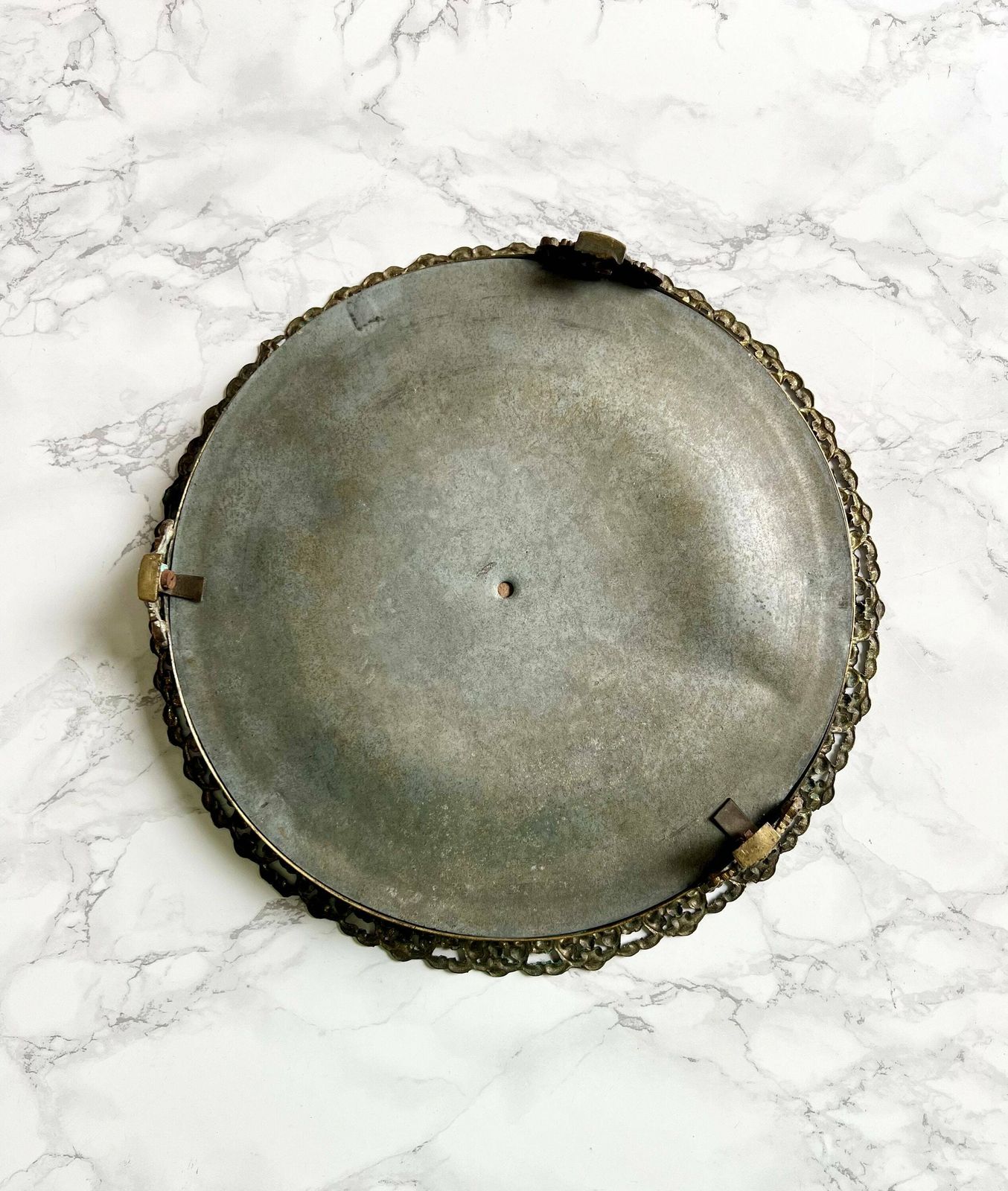 Round Antique Mirror Table Center Piece French Embossed Bronze Lace Tray Circular Footed Mercury Patina Platter Chateau Ormolu photo vinterior