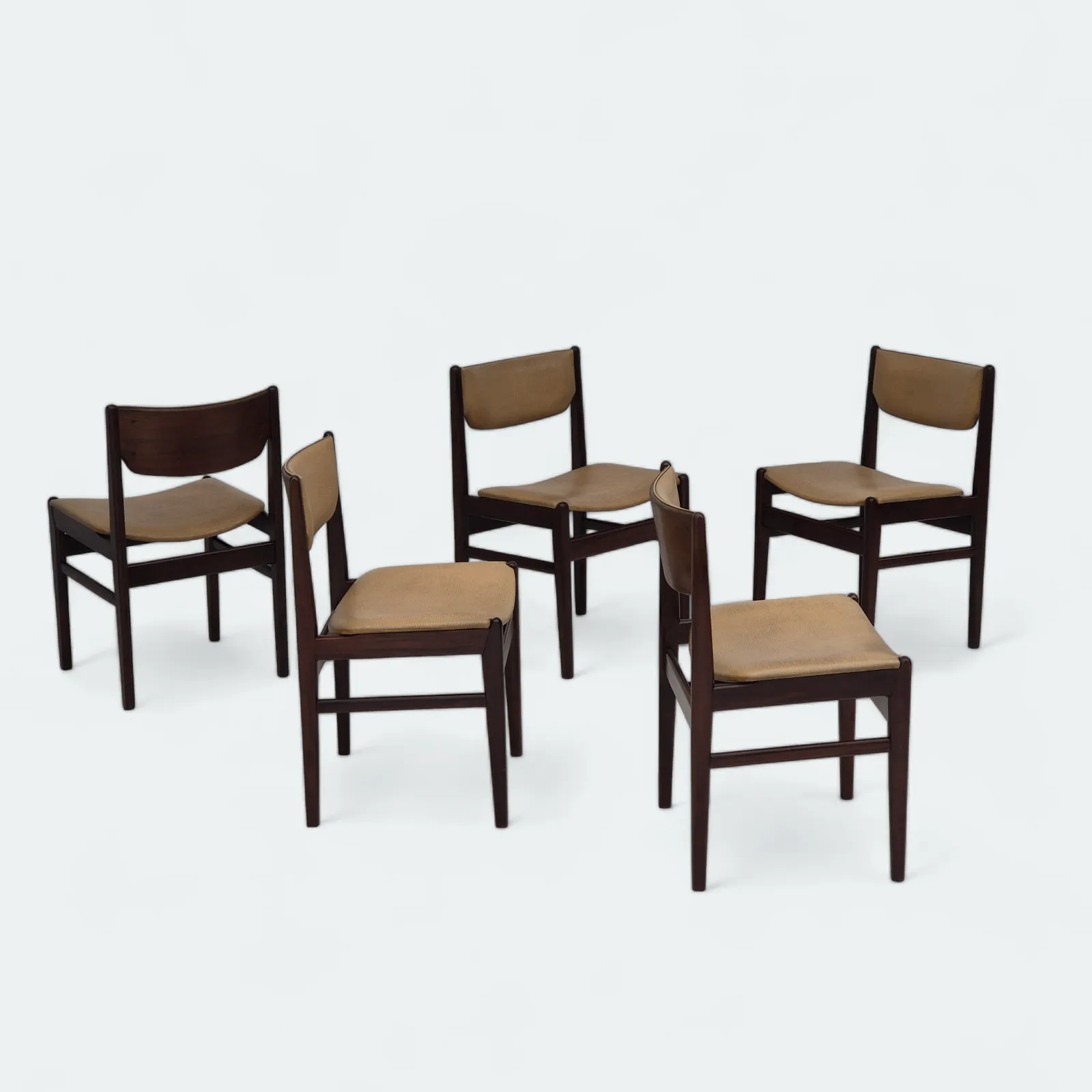 1970s, Set Of 5 Danish Dinning Chairs, Original Condition, Teak Wood, Leather.
