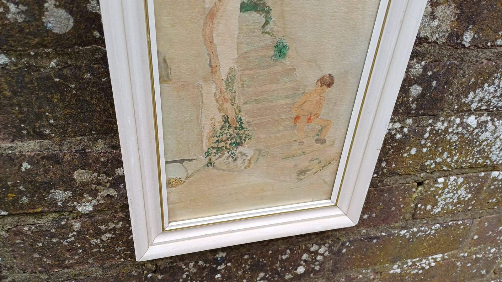 Vintage Watercolour Of A Mediterranean Village Scene, Boy On Steps Enjoying Hot Weather. Small Vertical Painting In Glazed Retro Frame. photo Art