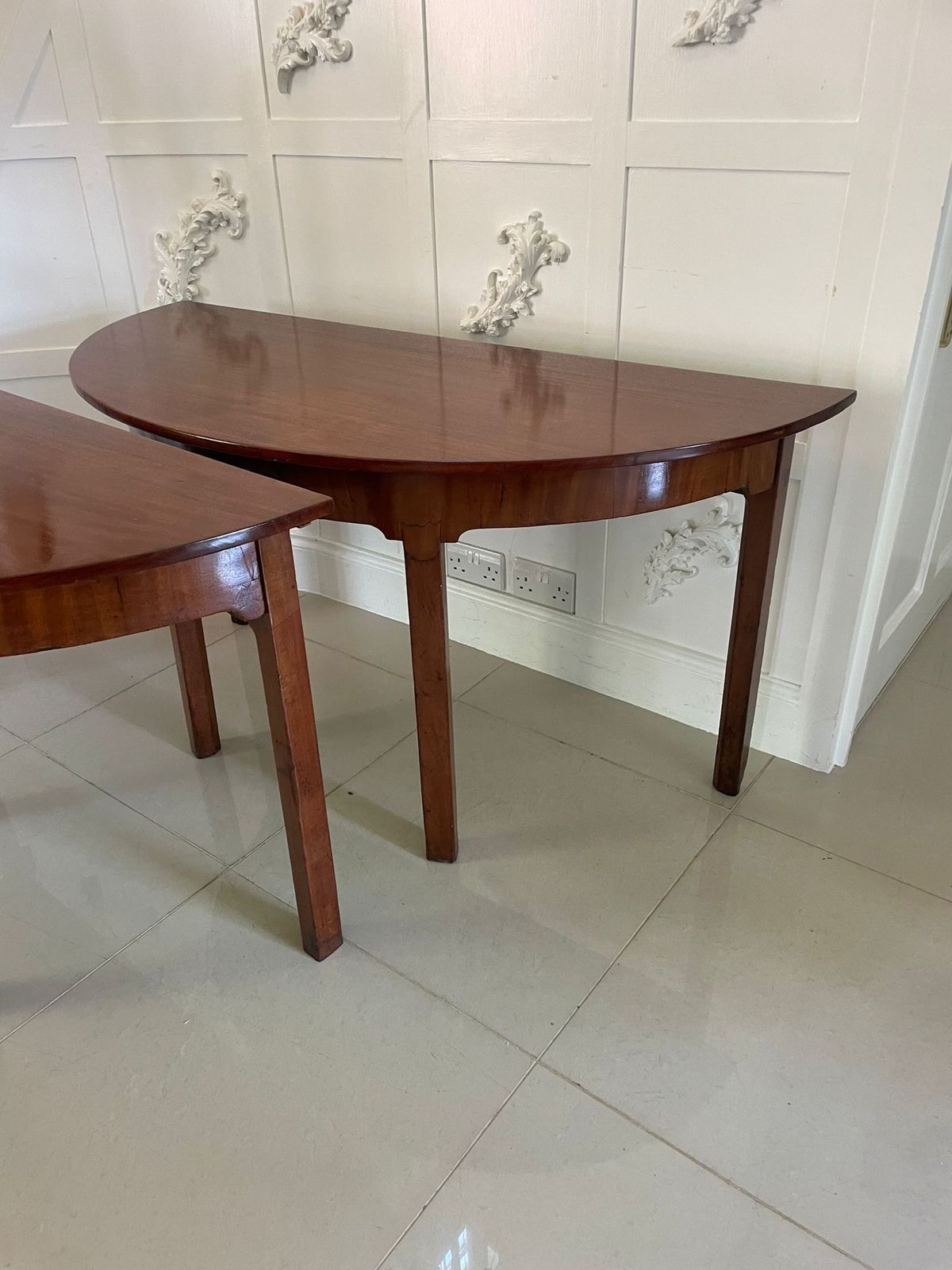 Large Pair Of Antique 19th Century Quality Figured Mahogany Demi Lune Shaped Tables photo Furniture