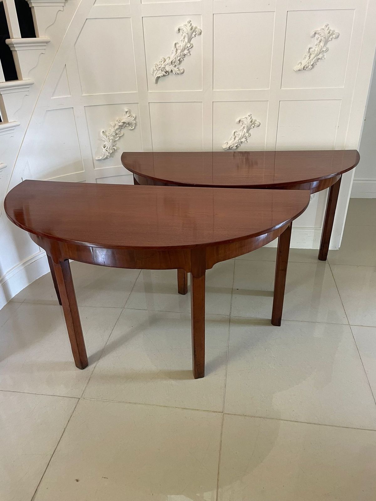 photo furniture Large Pair Of Antique 19th Century Quality Figured Mahogany Demi Lune Shaped Tables