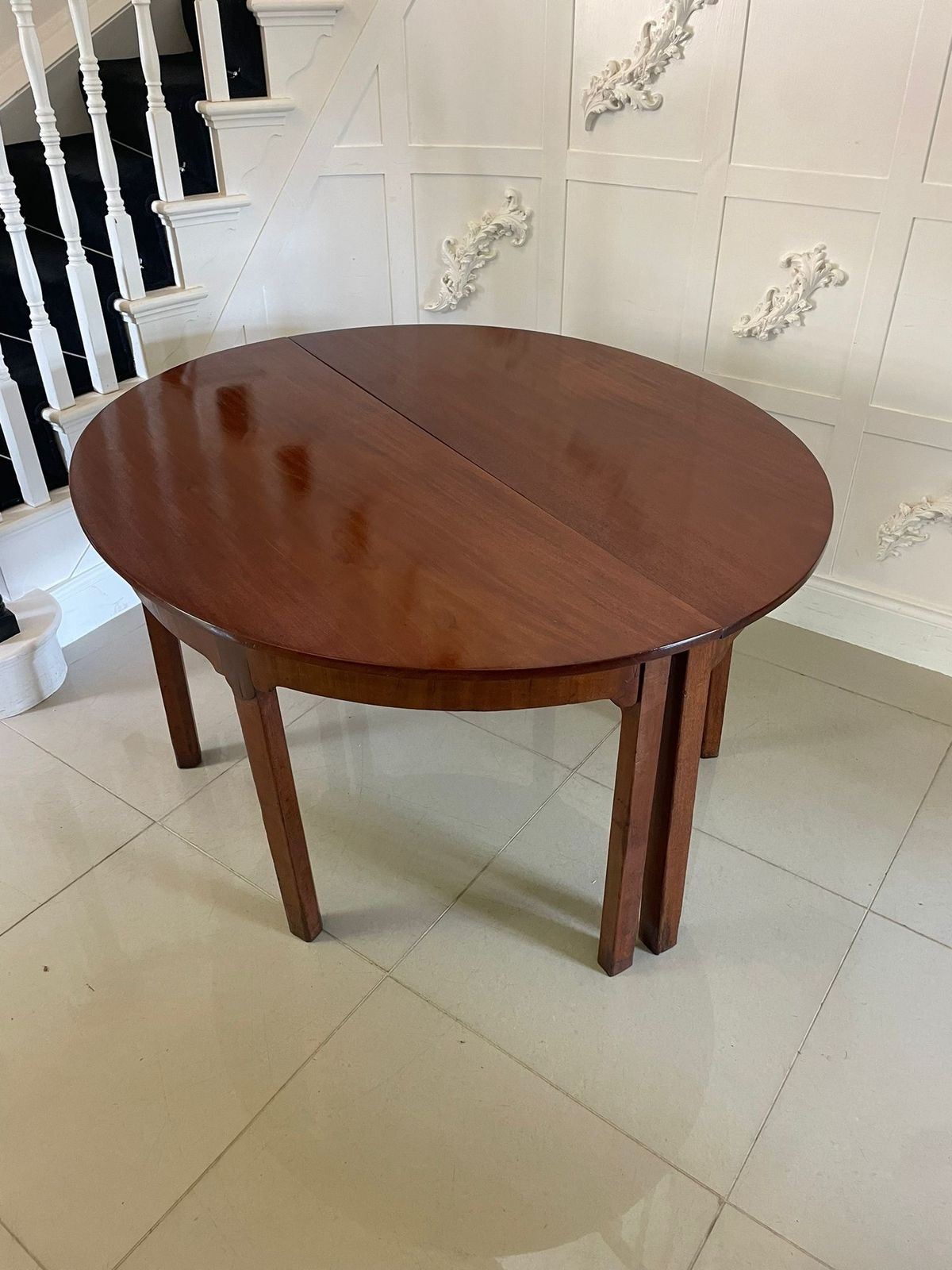 photo for sale Large Pair Of Antique 19th Century Quality Figured Mahogany Demi Lune Shaped Tables