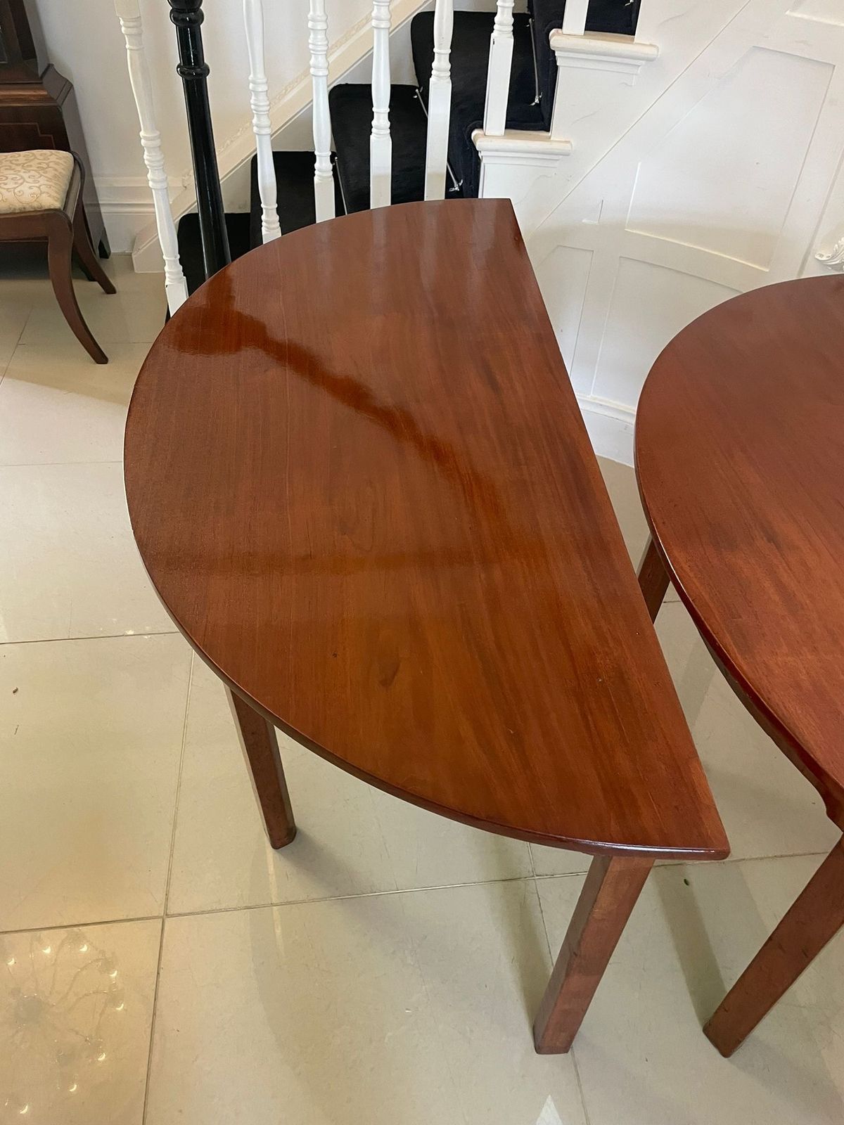 Furniture Large Pair Of Antique 19th Century Quality Figured Mahogany Demi Lune Shaped Tables photo