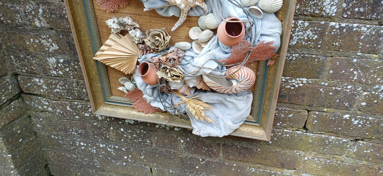 photo for sale Stunning Piece Of 3d Craft/ Collage   Real Shells, Coral, Material, Plants All Displayed On A Hessian Backing In A Upcycled Vintage Frame