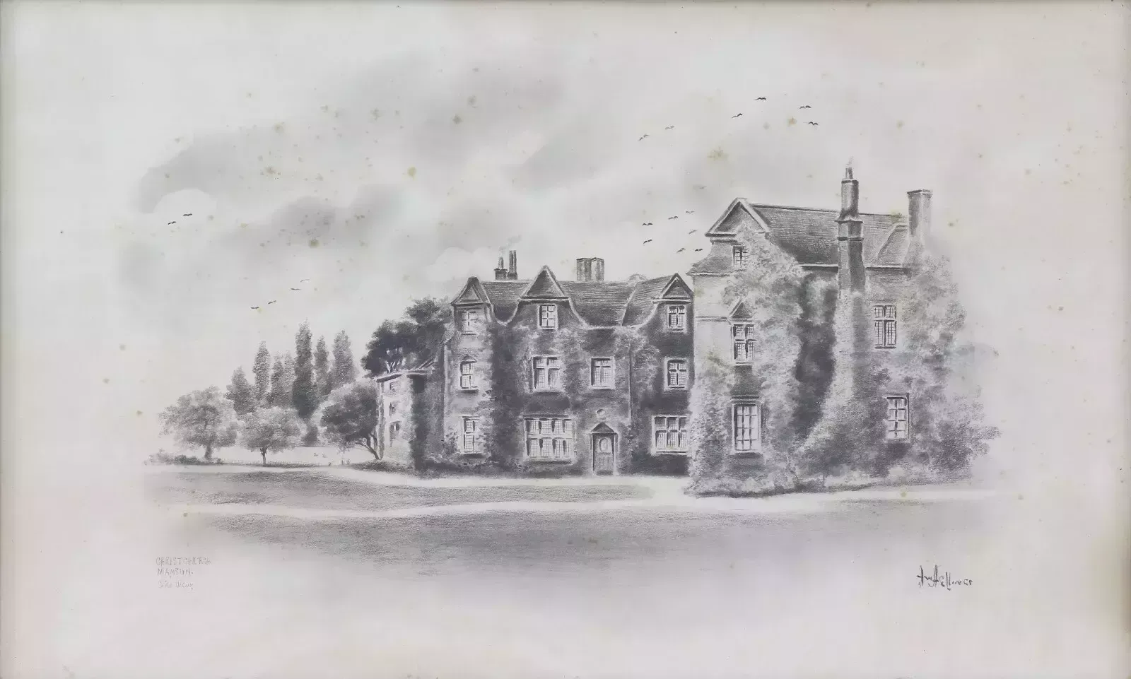 Pencil Sketch By Herbert Wynn Hellings Titled Christchurch Mansion. Side View photo furniture
