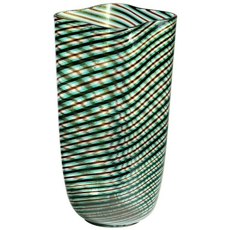 Murano Glass Mezza Filgrana, Green Amethyst Clear With Gold Leaf, Cenedese Attr
