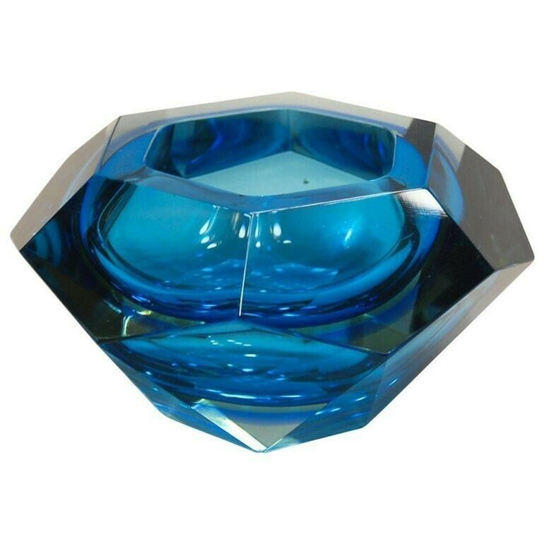 Flavio Poli Seguso Va Sommerso Faceted Bowl Clear Cobalt Uranium Yellow, 1960s