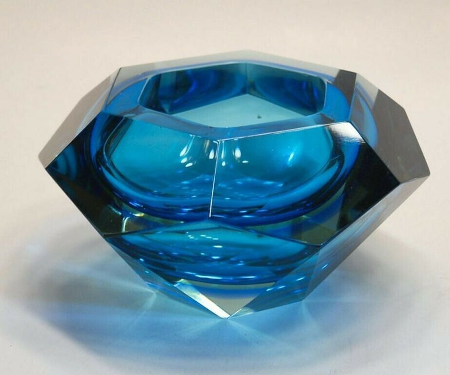 Flavio Poli Seguso Va Sommerso Faceted Bowl Clear Cobalt Uranium Yellow, 1960s photo for sale