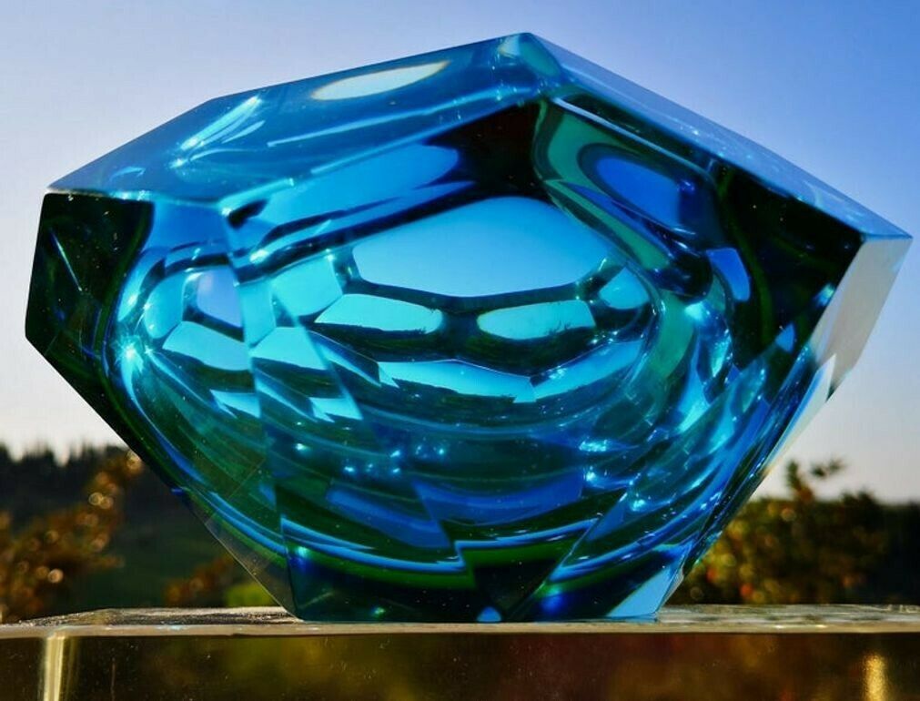 800.0 Flavio Poli Seguso Va Sommerso Faceted Bowl Clear Cobalt Uranium Yellow, 1960s photo