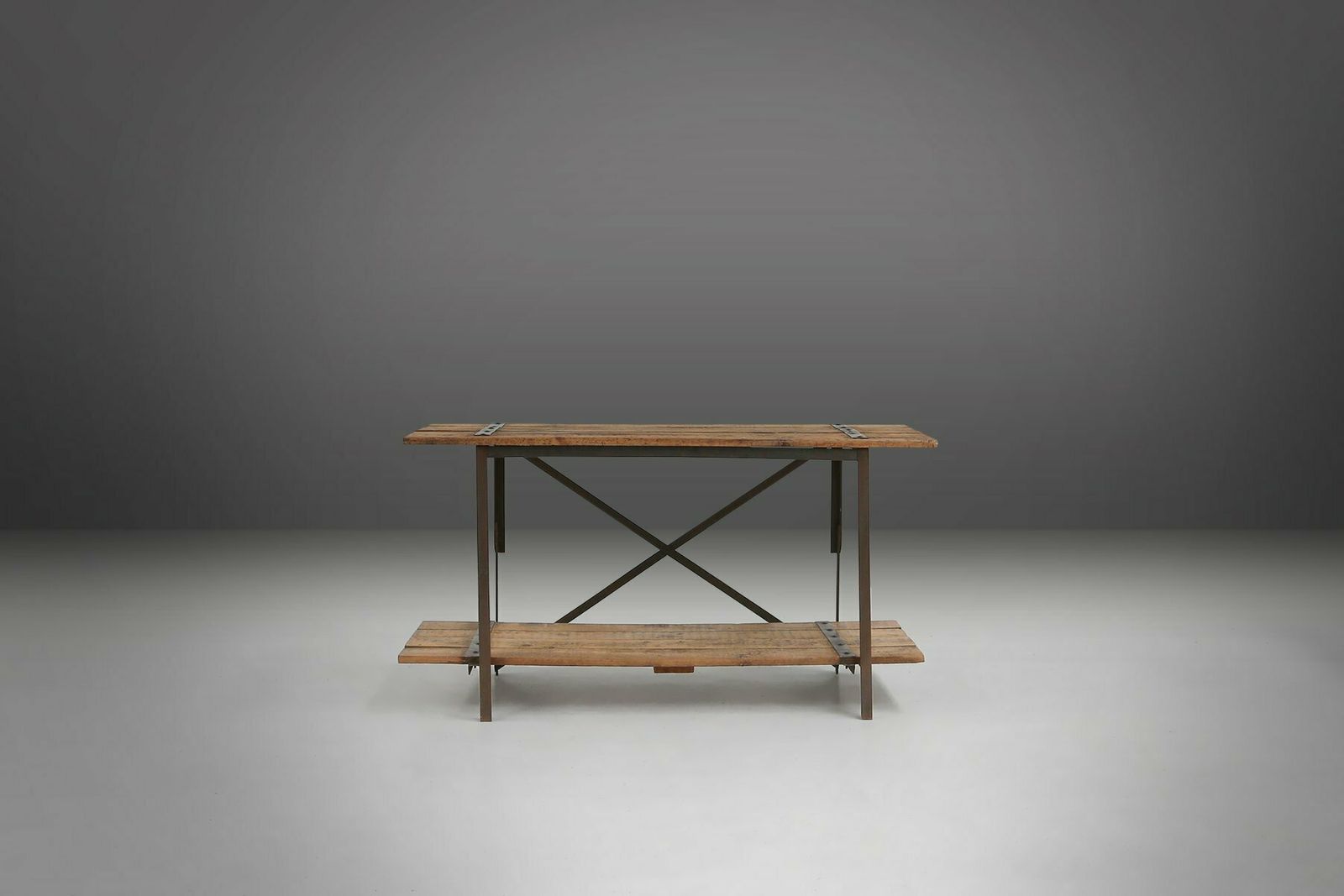 Industrial Side Table With Metal Frame And Wooden Top And Removable Platform, Belgium, 1920s photo vintage