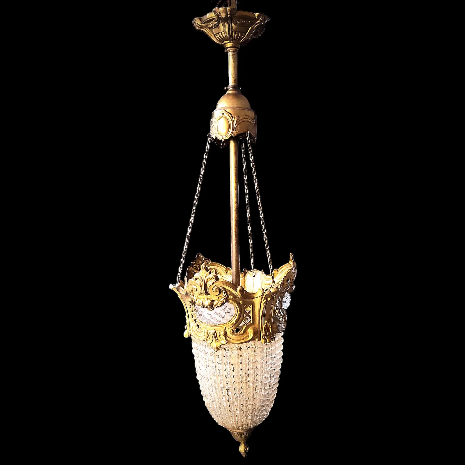 Early 1900's Art Nouveau Brass And Crystal Bead Pendant Light.