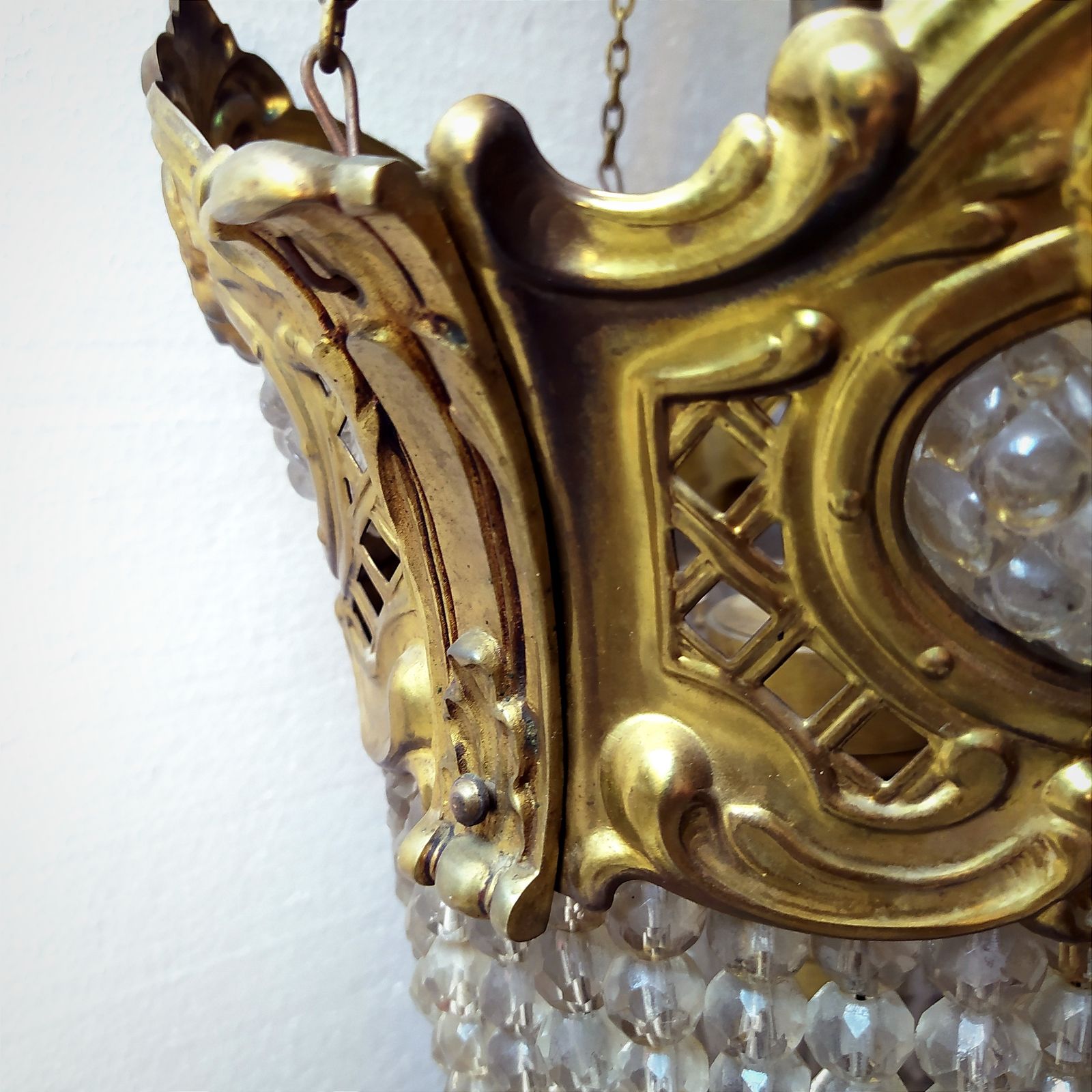 photo furniture Early 1900's Art Nouveau Brass And Crystal Bead Pendant Light.