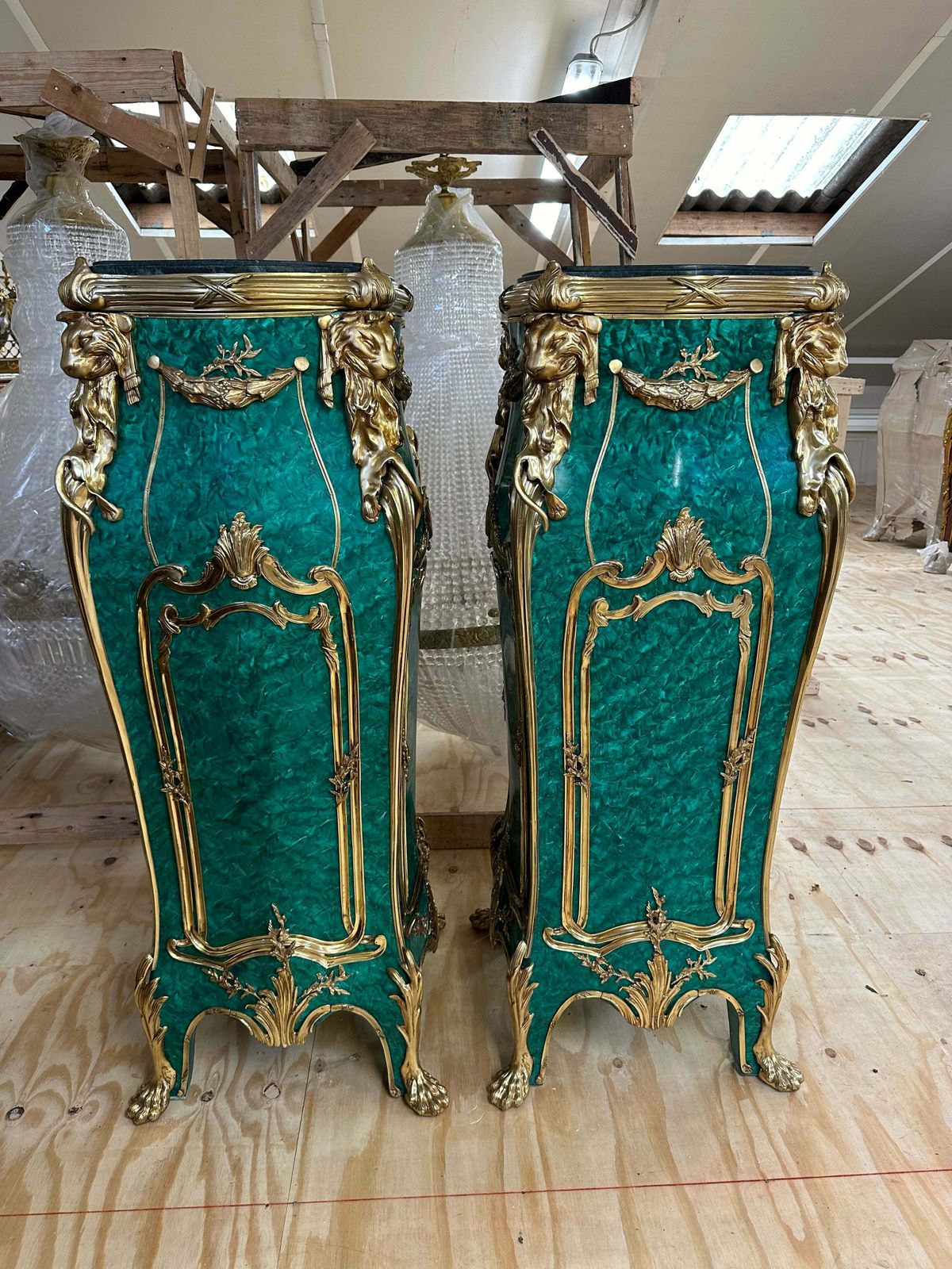 Beautiful Pair Of Louis XV Green Malachite, Bronze Mounted Lion Head Stands photo furniture