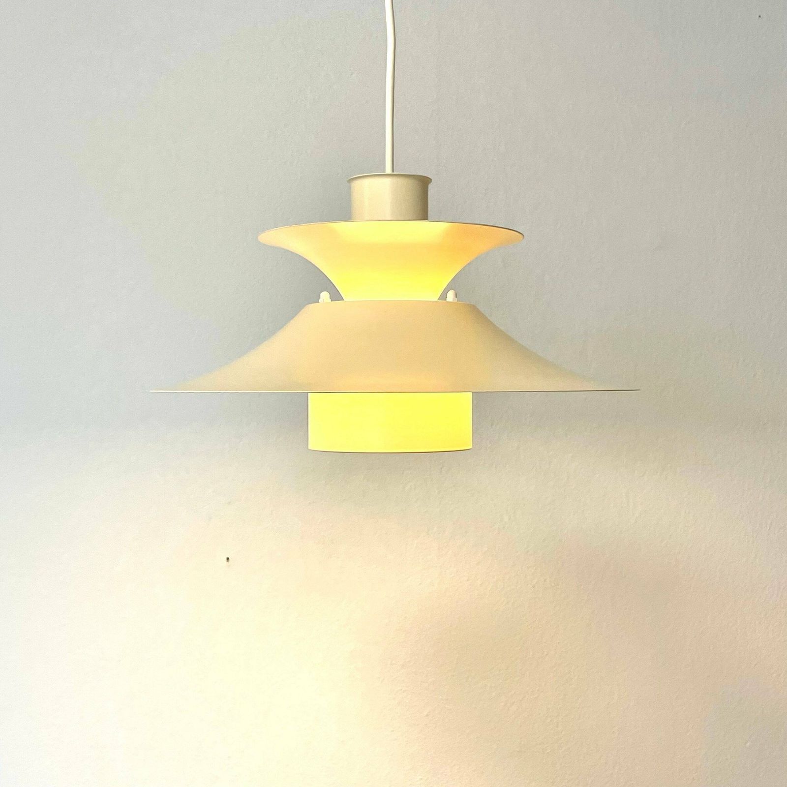 Danish Mid Century Modern Vintage Minimalist Ceiling Lamp In Off White Metal With Trumpet Shape And Multilayer Shades   Design From Lyfa