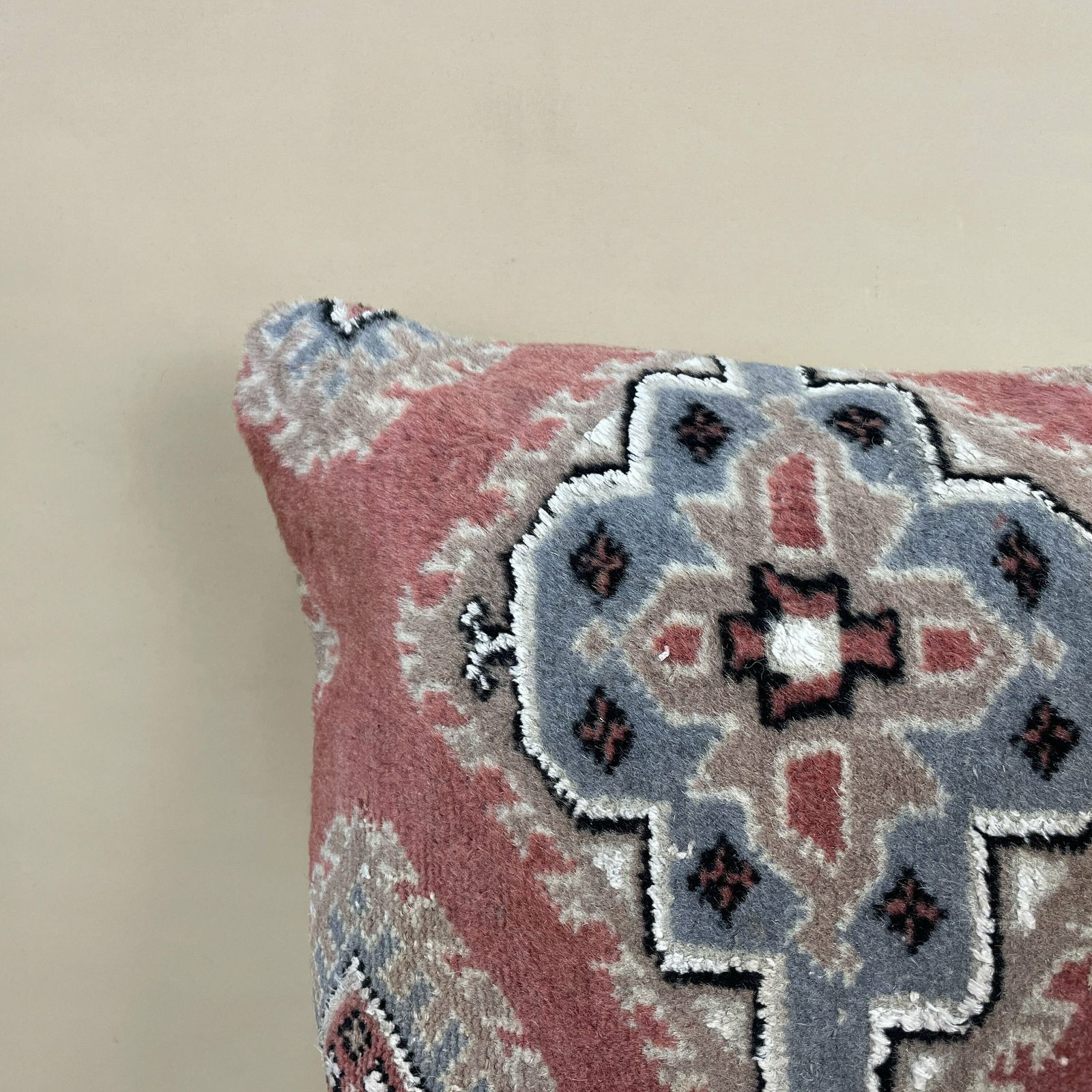Antique Kilim Cushion Moroccan Rug Carpet Pillow Feather Filled Handwoven Patterned Red Blue 46x46cm Traditional Scatter Square Vintage photo for sale