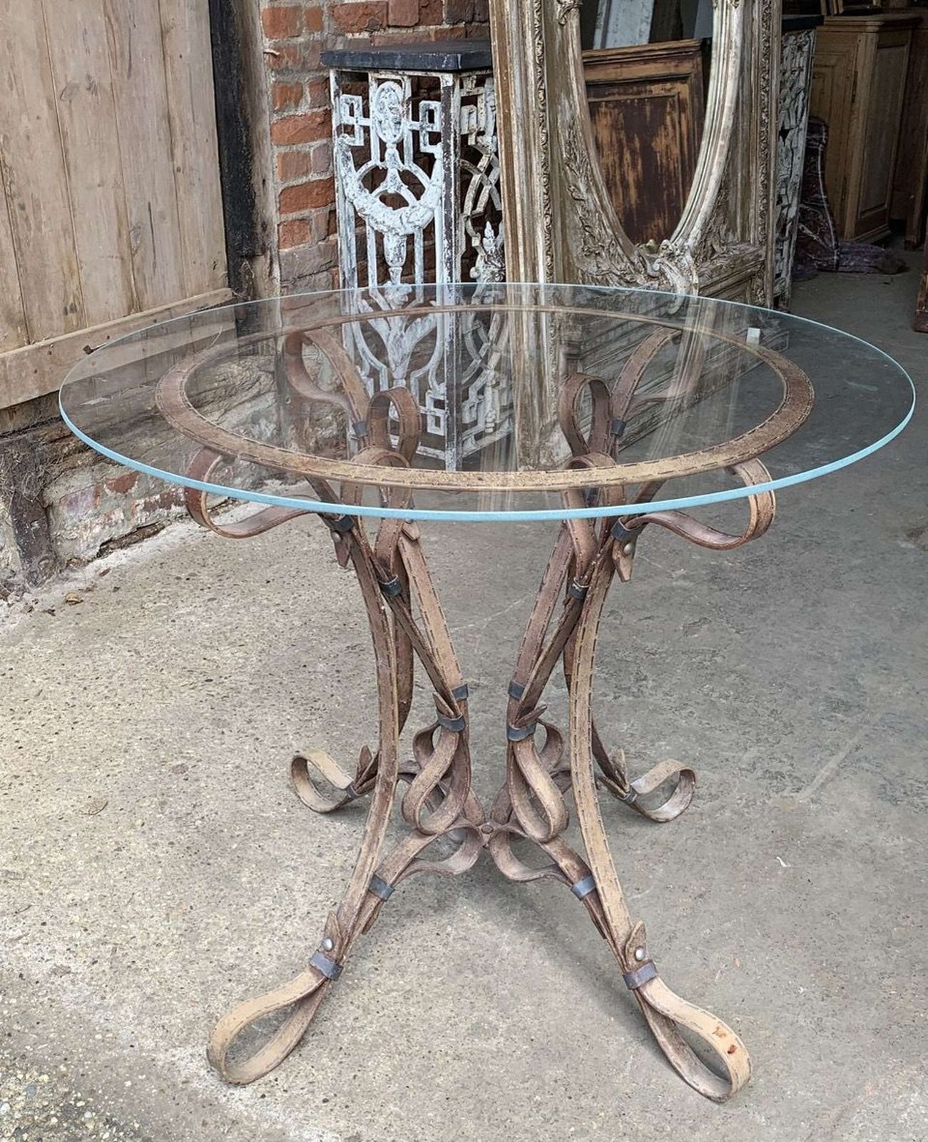 French Mid Century Faux Leather Strap Style Pedestal Table photo furniture