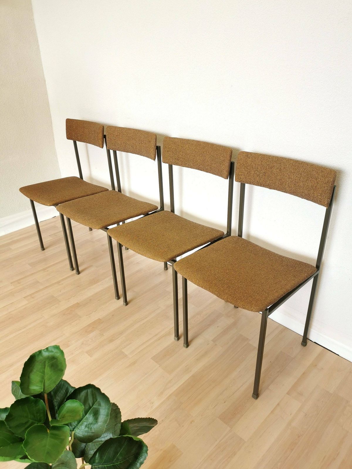 Set Of 4 Vintage Industrial School Chairs With Black Metal Base And Brown Fabric / Retro Dining Chairs By Stol Kamnik, Yugoslavia 1970s