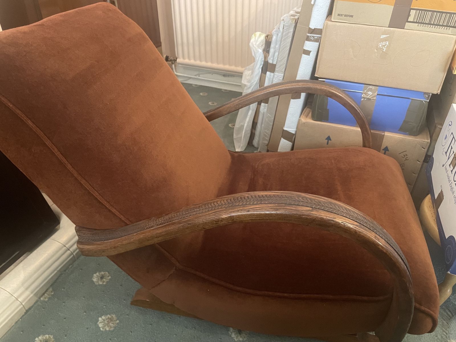 A Beautiful Early 20th Century Rocking Chair. The Material Is A Cross Between Velour And Velvet. photo buy
