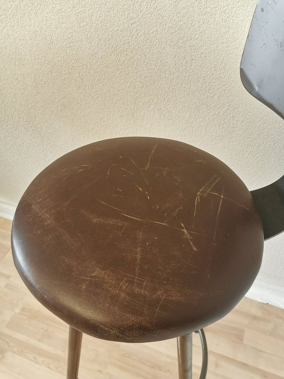 Vintage Unique Handmade Metal High Bar Chair With Adjustable Height / 1970s Leather Seat Office Working Swivel Chair photo for sale