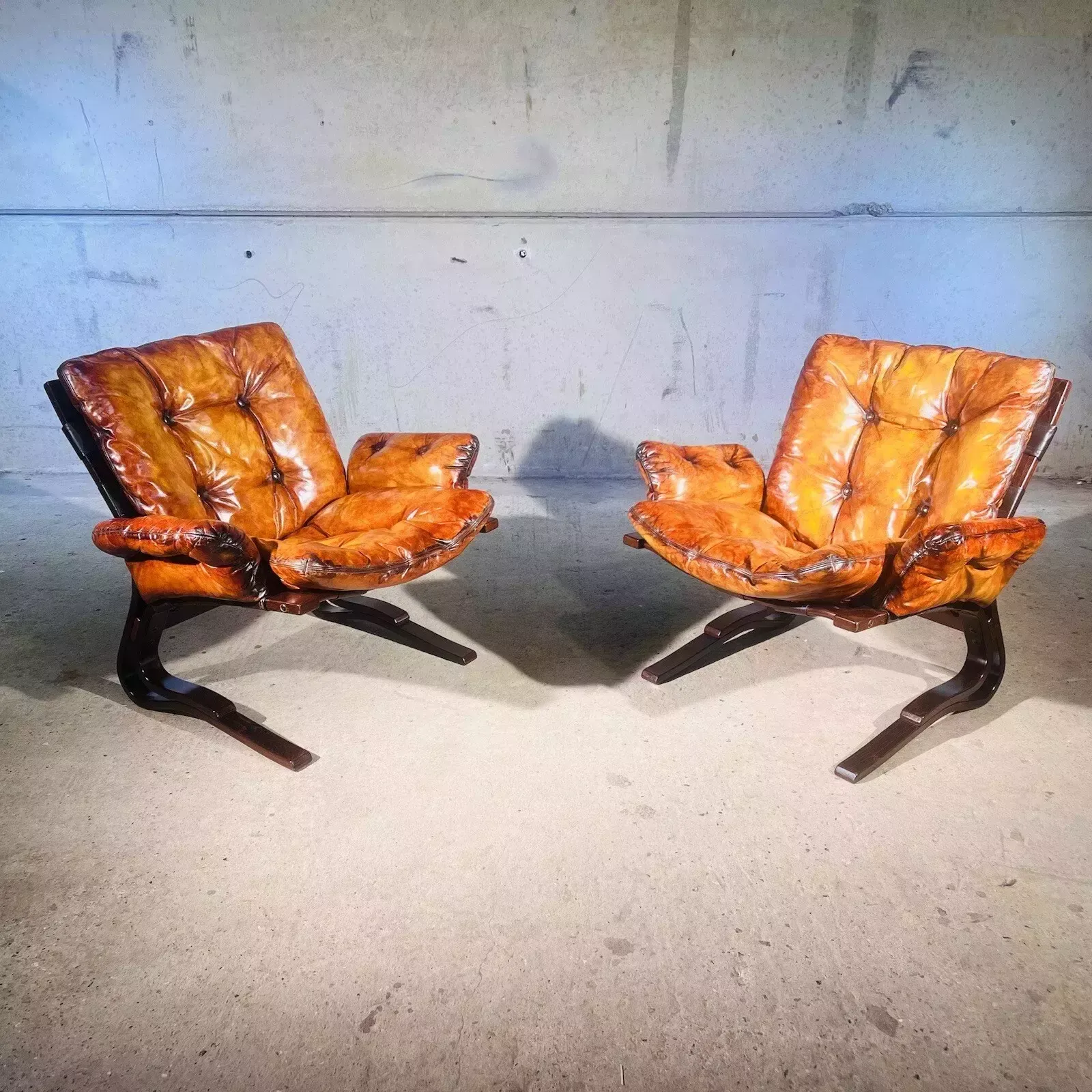 Pair Of Vintage Norwegian Mid C Tan Leather Armchairs By Oddvin Rykke photo for sale
