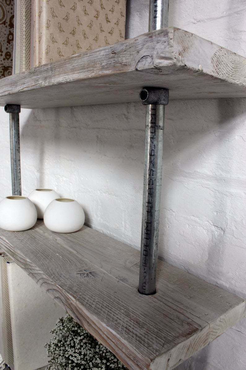 Robyn Adjustable Reclaimed White Washed Scaffolding Boards And Galvanised Steel Pipe Shelves/Bookcase photo for sale
