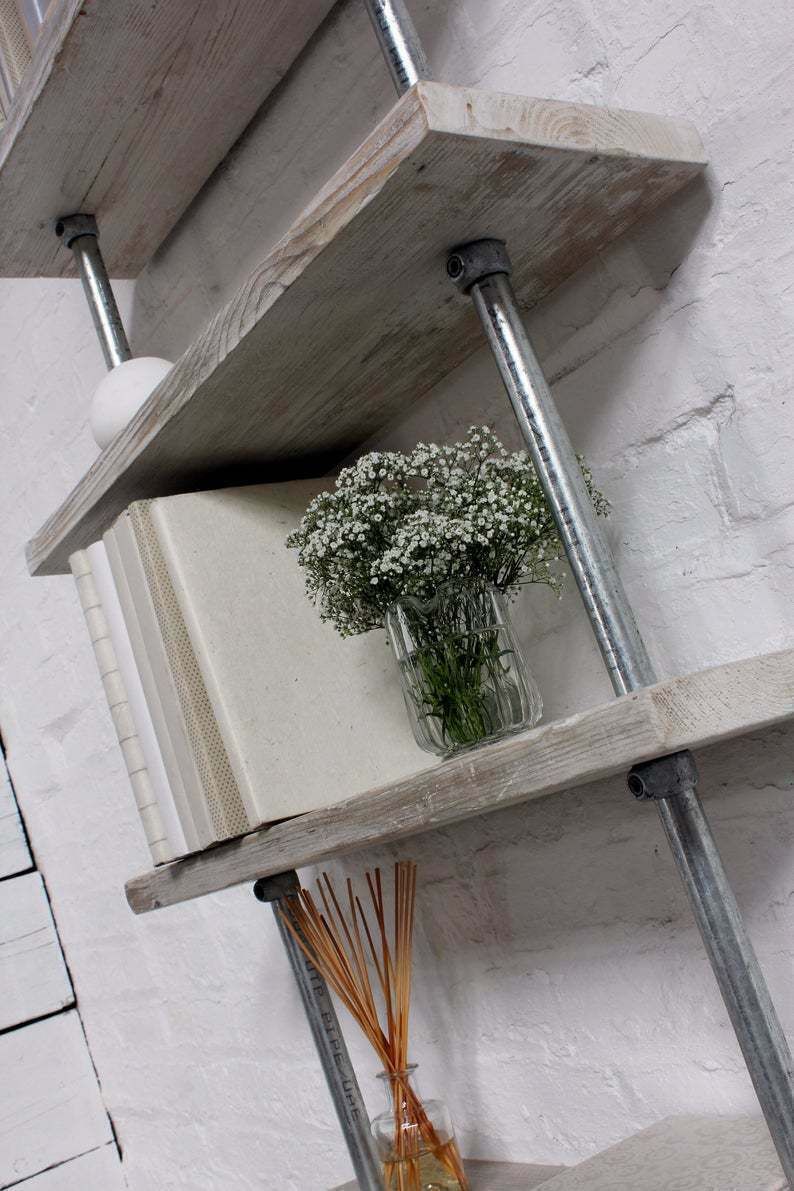 photo furniture Robyn Adjustable Reclaimed White Washed Scaffolding Boards And Galvanised Steel Pipe Shelves/Bookcase