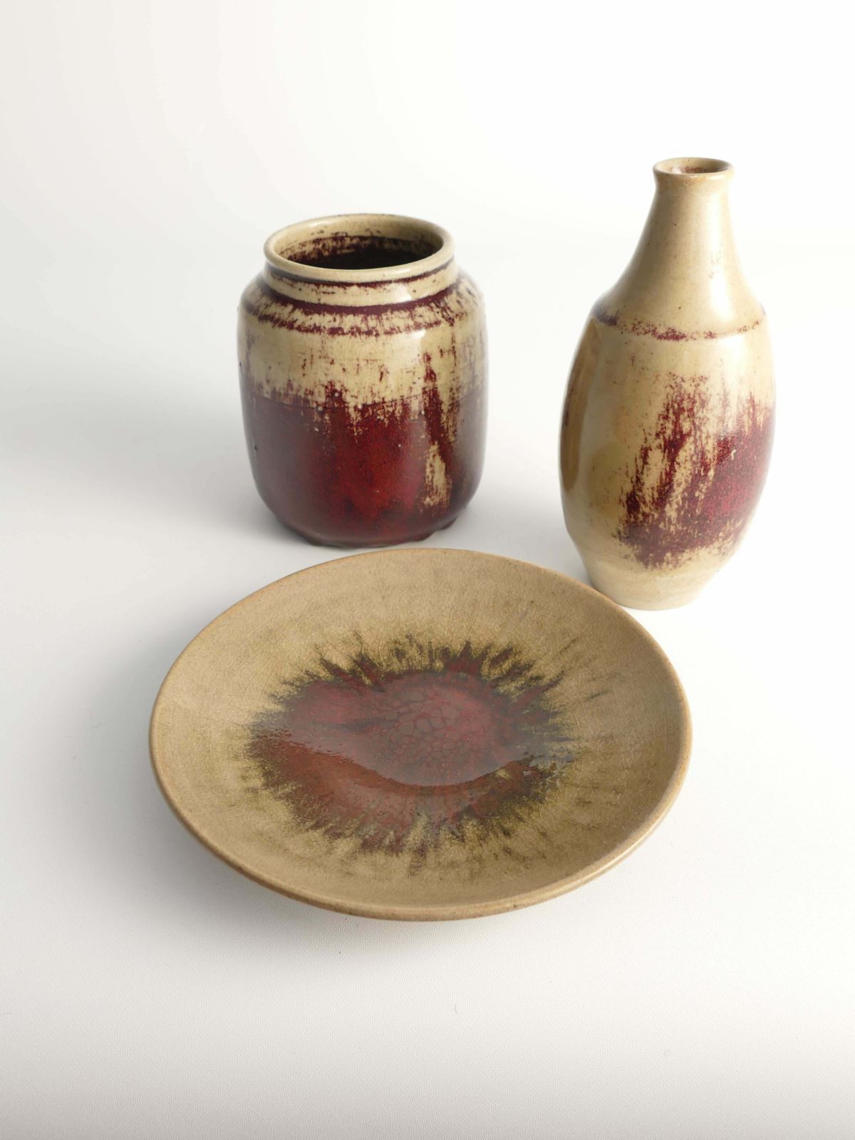 1029.0 Unique Oxblood Glazed Stoneware Pieces, By Henning Nilsson, Set Of 3 photo
