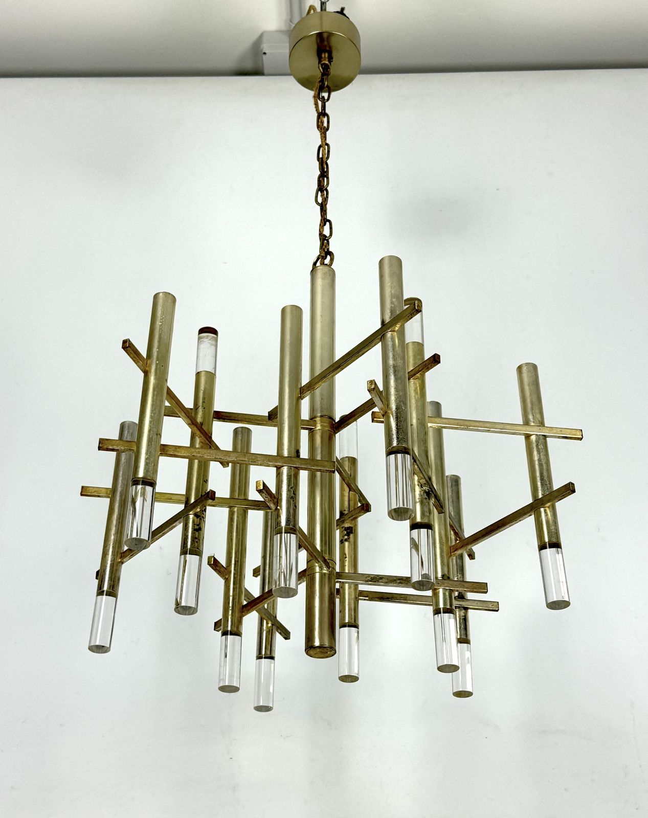 photo for sale Sciolari 9 Lights Slight Gilded Chrome And Perspex Chandelier Model Ice, Italy 60s